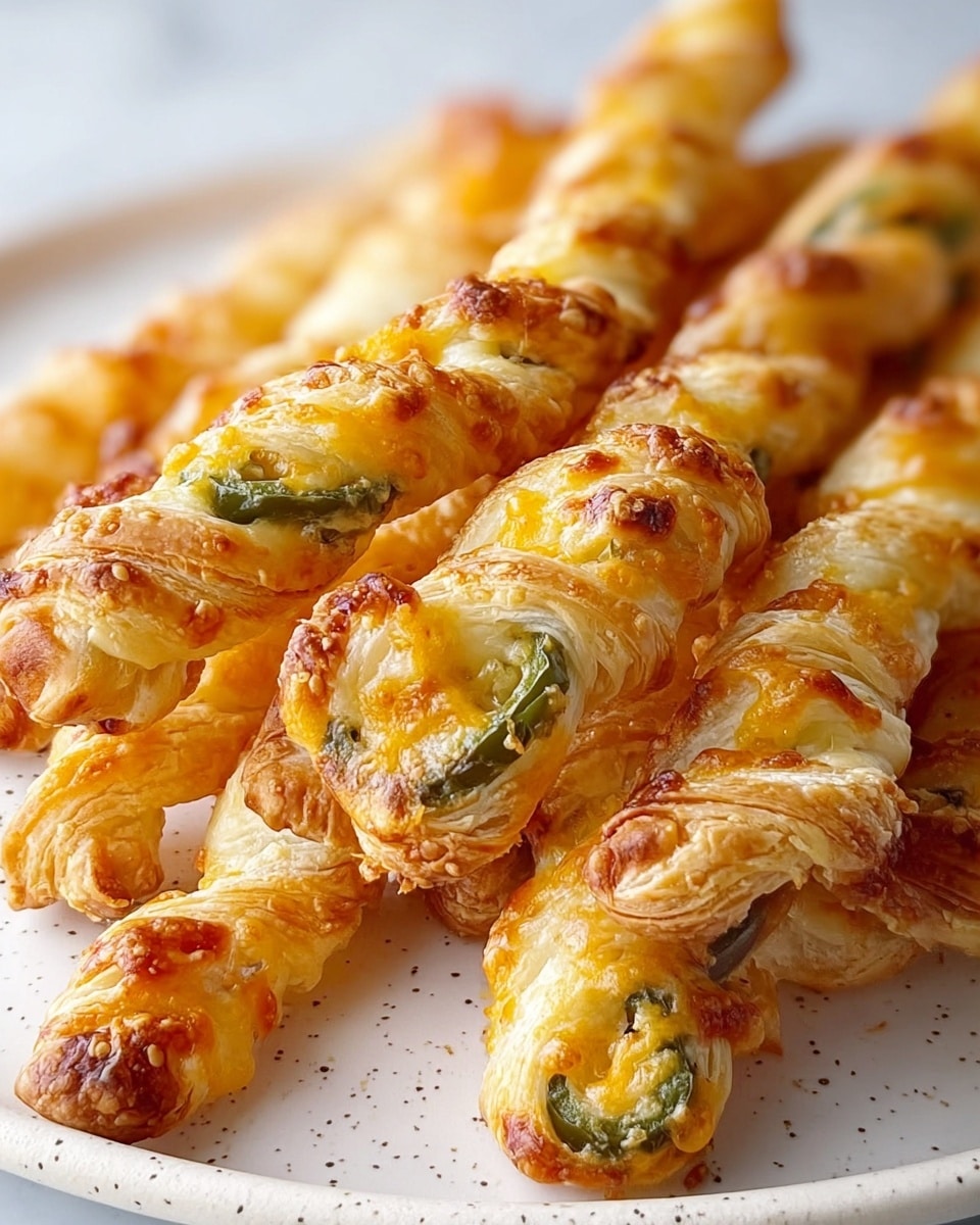 The image shows a white plate filled with five golden-brown, crispy pastry sticks. Each stick has a flaky, layered texture with visible pockets of melted cheese and embedded slices of bright green jalapeño peppers. The pastries appear airy and crunchy on the outside with a light sheen from the baked cheese. In the background on the left side, there is a white round bowl with a white creamy dipping sauce garnished with small bits of green herbs, all set on a white marbled surface. photo taken with an iphone --ar 4:5 --v 7