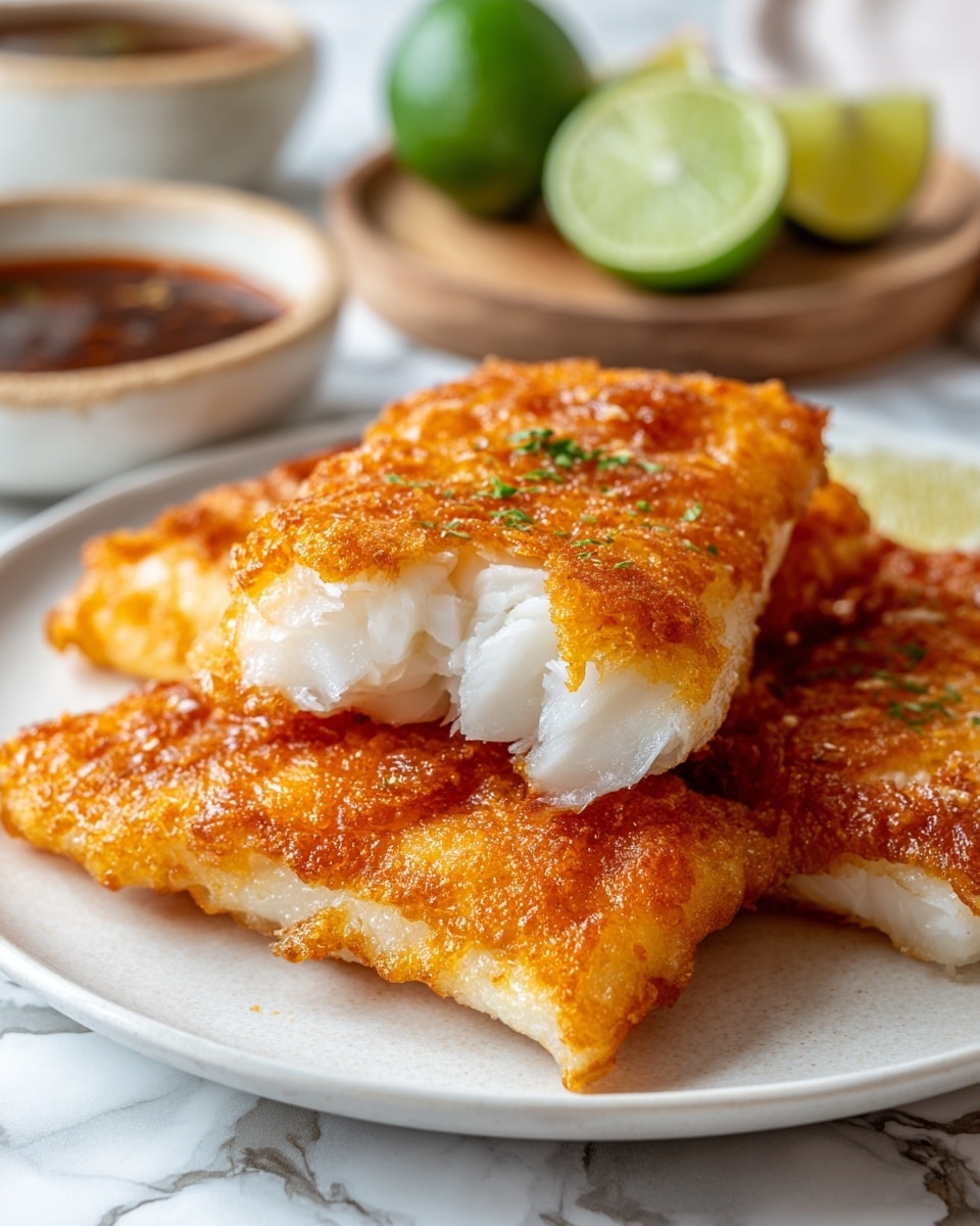 The image shows three pieces of golden brown fried fish layered on a white plate. The top layer of the fish has a crispy, textured crust with rich golden and light brown colors. One piece is broken open to reveal soft, white, flaky fish inside. There is a slight shiny glaze on the surface of the fish pieces, highlighting the crispy texture. In the blurred background, bowls of sauce and lime halves are visible on a white marbled texture. The lighting makes the dish look warm and fresh. photo taken with an iphone --ar 4:5 --v 7