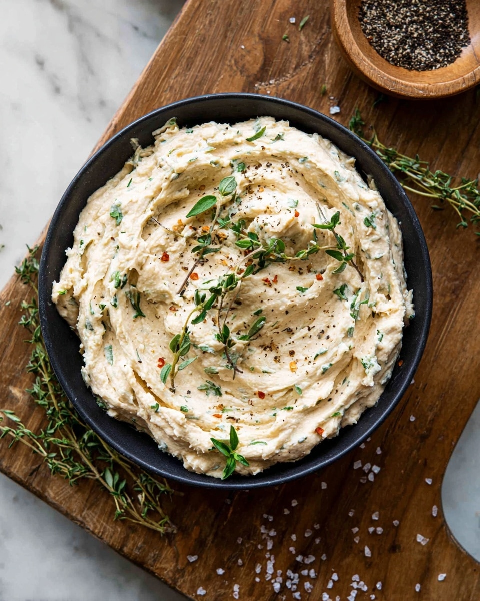 A close-up view of a single dish filled with creamy, whipped spread that has a white base with light orange and green specks mixed throughout. The spread is roughly swirled in a black round bowl, with visible small black pepper flakes and small green herb sprigs on top, adding texture and color detail. Around the bowl, there are scattered fresh green herbs and some coarse salt grains on a white marbled surface. In the top corner, a wooden bowl filled with black peppercorns adds a warm tone to the scene. photo taken with an iphone --ar 4:5 --v 7