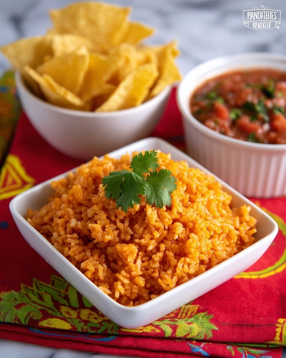 A close-up of a white square bowl filled with a large mound of bright orange Mexican rice mixed with small green herb pieces and topped with fresh green cilantro leaves. Behind it, there are two smaller white bowls, one filled with yellow tortilla chips and the other with red salsa containing chunks of tomato and herbs. All of this is on a red and orange patterned cloth over a white marbled surface. photo taken with an iphone --ar 4:5 --v 7