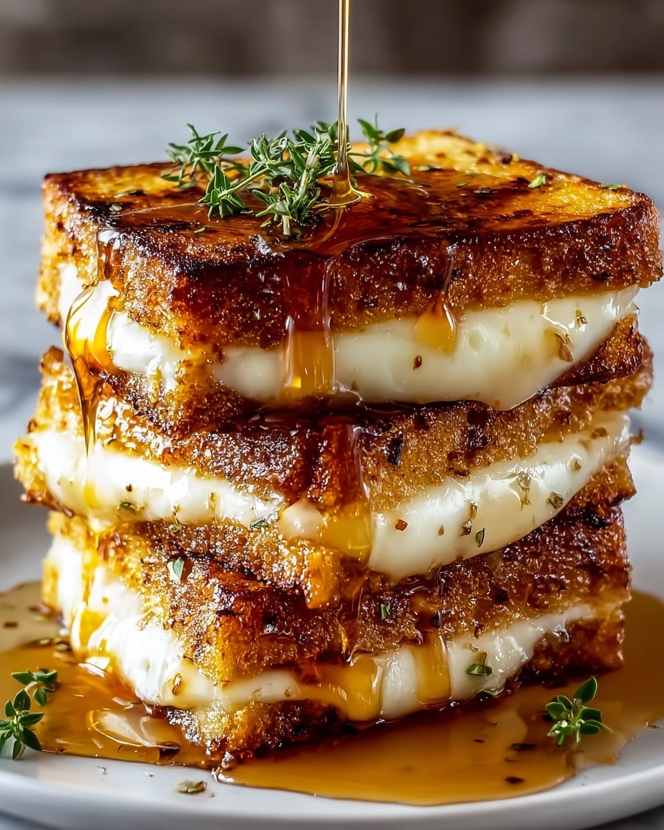A stack of four grilled cheese sandwiches with golden-brown, crispy crusts showing small charred spots, each layer filled with creamy white melted cheese that slightly oozes out at the edges. Rich, glossy maple syrup is being poured over the top, cascading down the sides in thick, amber streams, pooling gently on the white plate below. The top sandwich is decorated with a small sprig of fresh green thyme, adding a touch of color and freshness. The dish sits on a white marbled surface, highlighting the warm tones and textures of the sandwiches. photo taken with an iphone --ar 4:5 --v 7