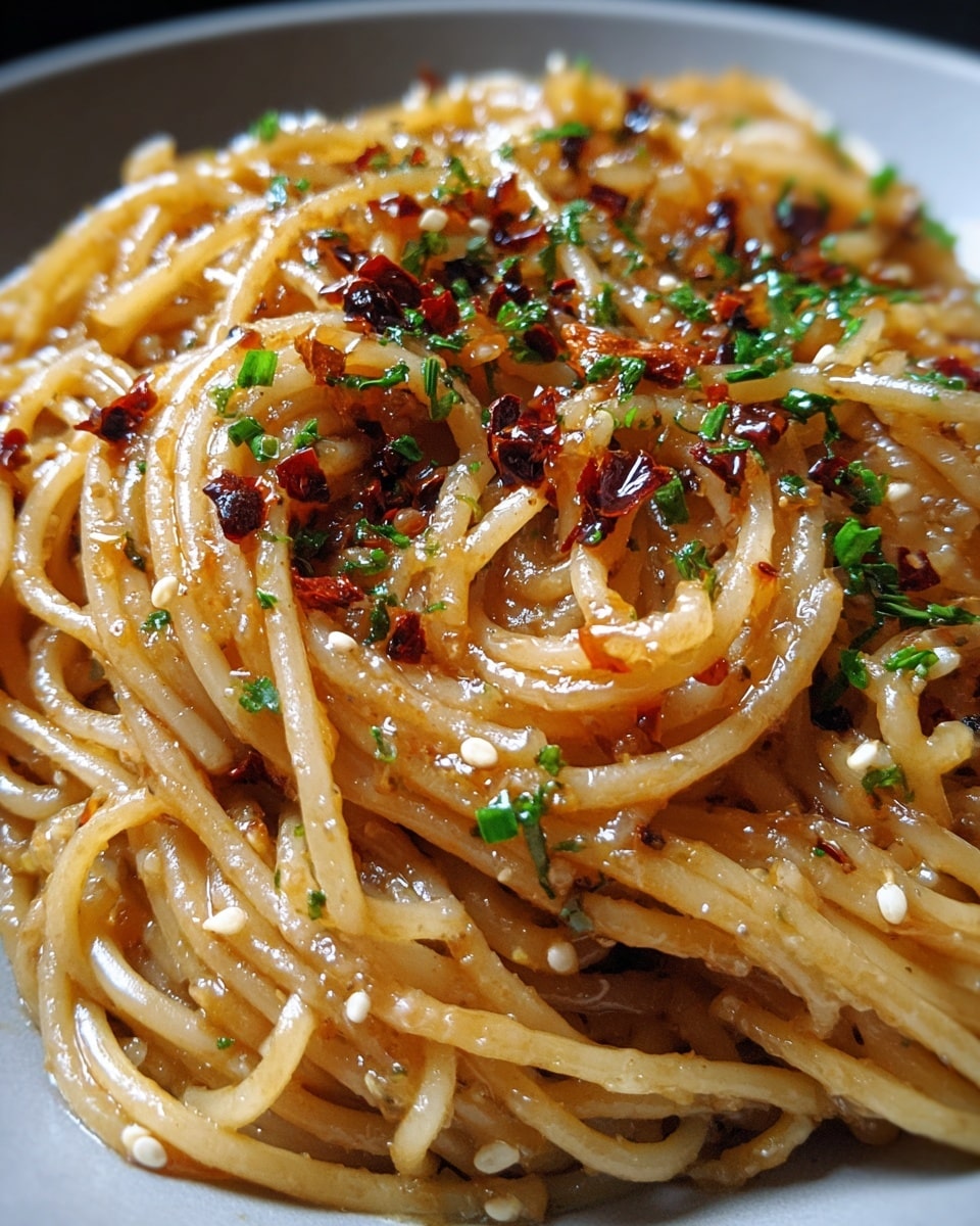 A close-up view of a single layer of cooked thin pasta noodles coated in a glossy, light brown sauce, topped with small pieces of dark red chili flakes and flecks of black pepper, scattered bits of finely chopped green herbs, and tiny white sesame seeds, all sitting in a shallow white bowl, against a white marbled texture background. photo taken with an iphone --ar 4:5 --v 7