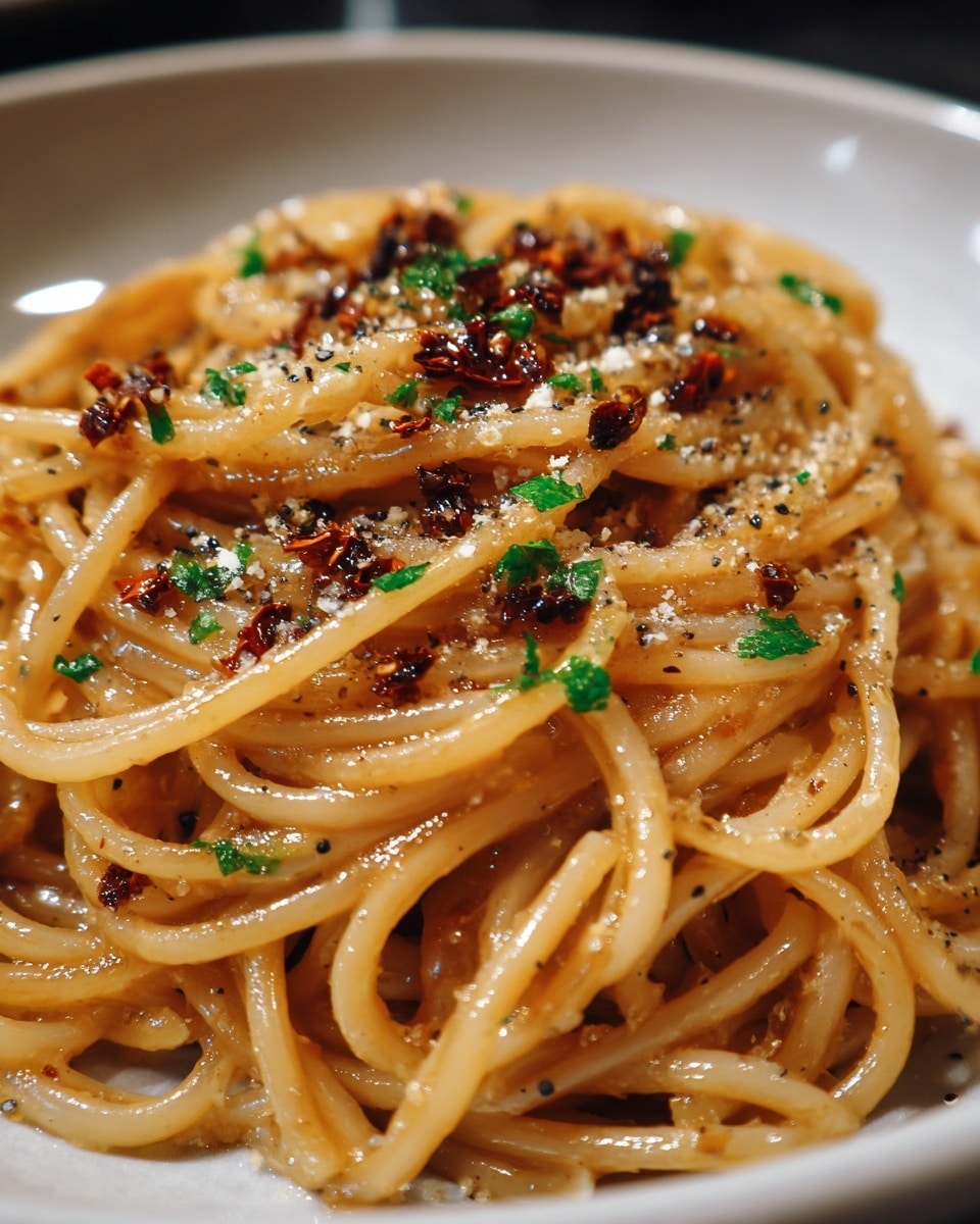 A close-up of a plate of spaghetti shows a single layer of glossy noodles coated in a light brown sauce. The pasta is topped with small dark brown crispy chili flakes scattered across, along with tiny green parsley bits. A fine dusting of grated cheese and black pepper is spread evenly on top, adding texture and contrast. The dish is served in a white bowl, set against a white marbled surface. photo taken with an iphone --ar 4:5 --v 7