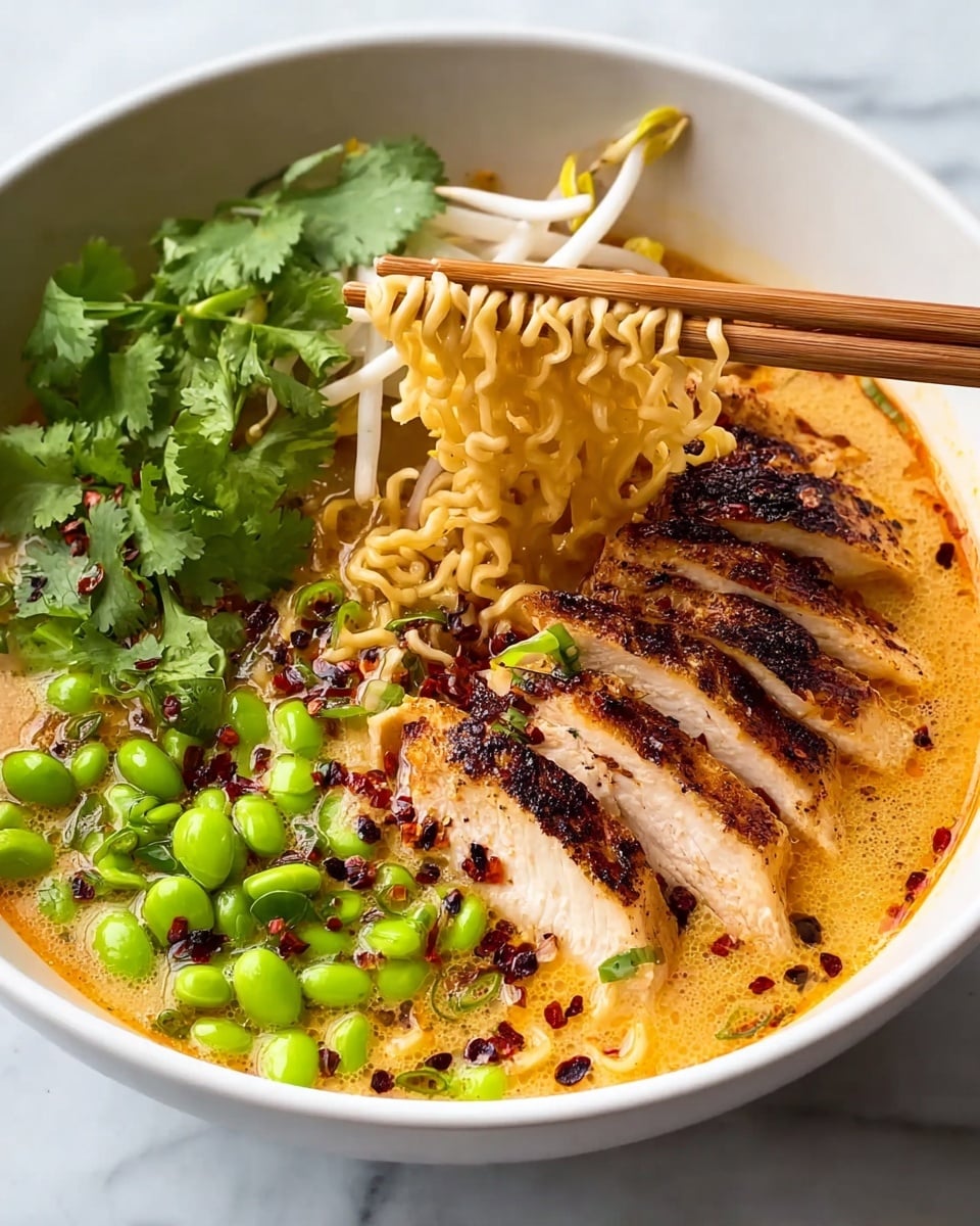 A white bowl filled with creamy orange broth as the base, topped with several slices of grilled chicken breast with a browned, slightly charred surface, sprinkled with black and red chili flakes. A large bunch of yellowish ramen noodles is lifted above the bowl with a pair of wooden chopsticks, showing their curly texture. On one side, bright green edamame beans and sliced green onions add a fresh color contrast, while fresh cilantro leaves and bean sprouts sit near the edge, creating a mix of green and white textures. The bowl is set on a white marbled surface. photo taken with an iphone --ar 4:5 --v 7
