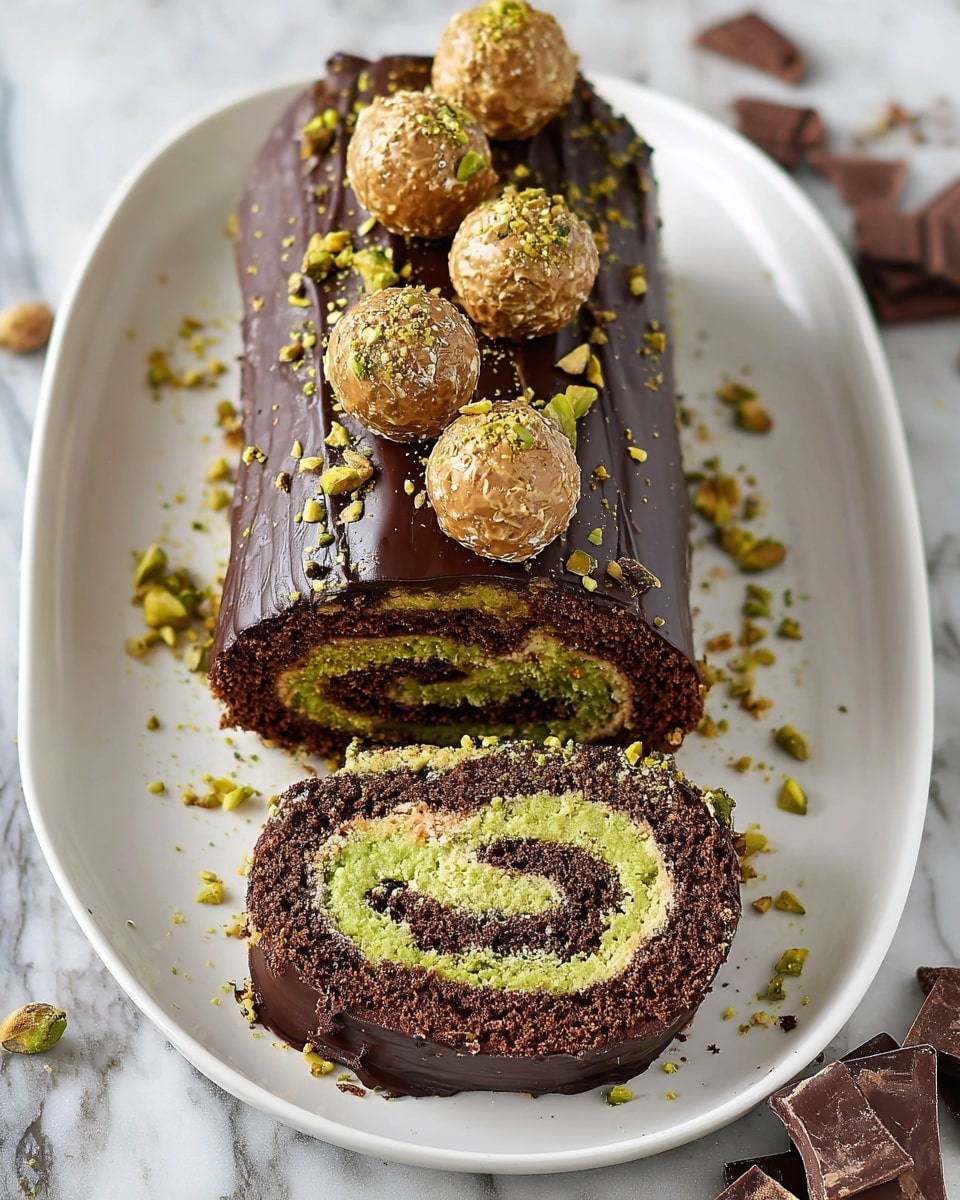 A white oval plate holds a chocolate roll cake with three visible layers: a dark chocolate sponge cake layer spiraled with a bright green pistachio cream, all covered partially by a thick, glossy dark chocolate ganache on top. The cake is decorated with four round pistachio truffles placed along the top and side of the roll. There are small chopped green pistachio pieces sprinkled over the ganache and truffles. The plate is set on a white marbled surface with some chocolate chunks and pistachios scattered around. photo taken with an iphone --ar 4:5 --v 7