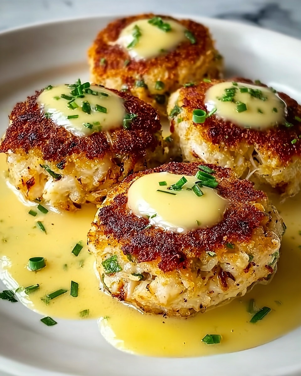 Four crab cakes with a golden brown crispy crust sit on a white plate, each topped with a dollop of light yellow sauce. The cakes have a rough texture with visible bits of crab and herbs inside, and the sauce pools around them with a shiny, smooth surface. Small green herb pieces are sprinkled on top and around the crab cakes, adding fresh color contrast. The background is a white marbled texture. photo taken with an iphone --ar 4:5 --v 7
