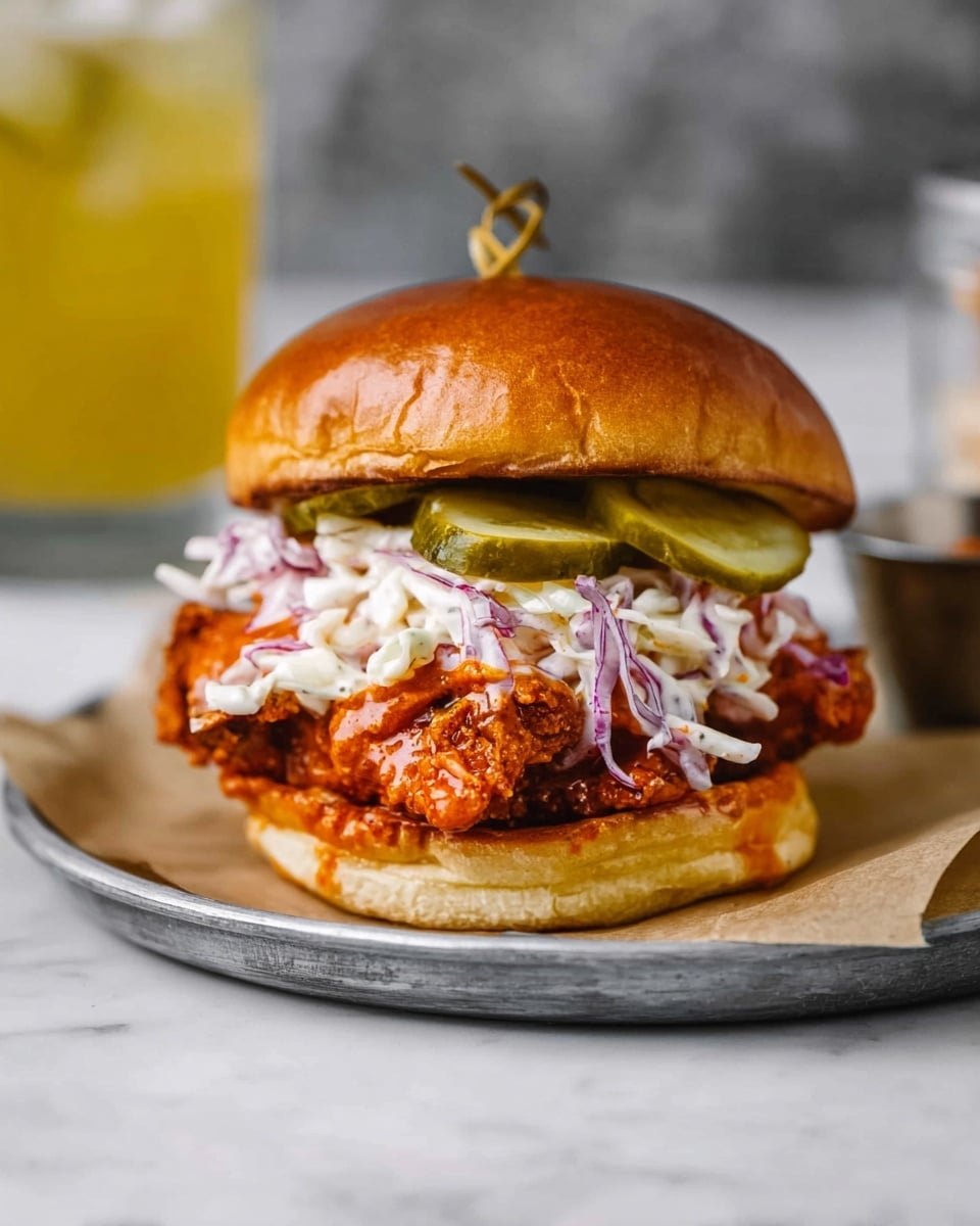 A crispy fried chicken sandwich is shown on a round white plate lined with parchment paper, sitting on a white marbled surface. The sandwich has four main layers: the bottom layer is a golden brown sandwich bun, followed by a thick piece of deep-fried chicken coated in a reddish-orange sauce. Above the chicken, there is a layer of creamy coleslaw with white and purple shredded cabbage. On top of the coleslaw, there are two green pickle slices. The sandwich is completed with a shiny golden brown bun on top, secured with two twisted wooden picks. In the blurred background, a glass with a yellow drink is visible. photo taken with an iphone --ar 4:5 --v 7