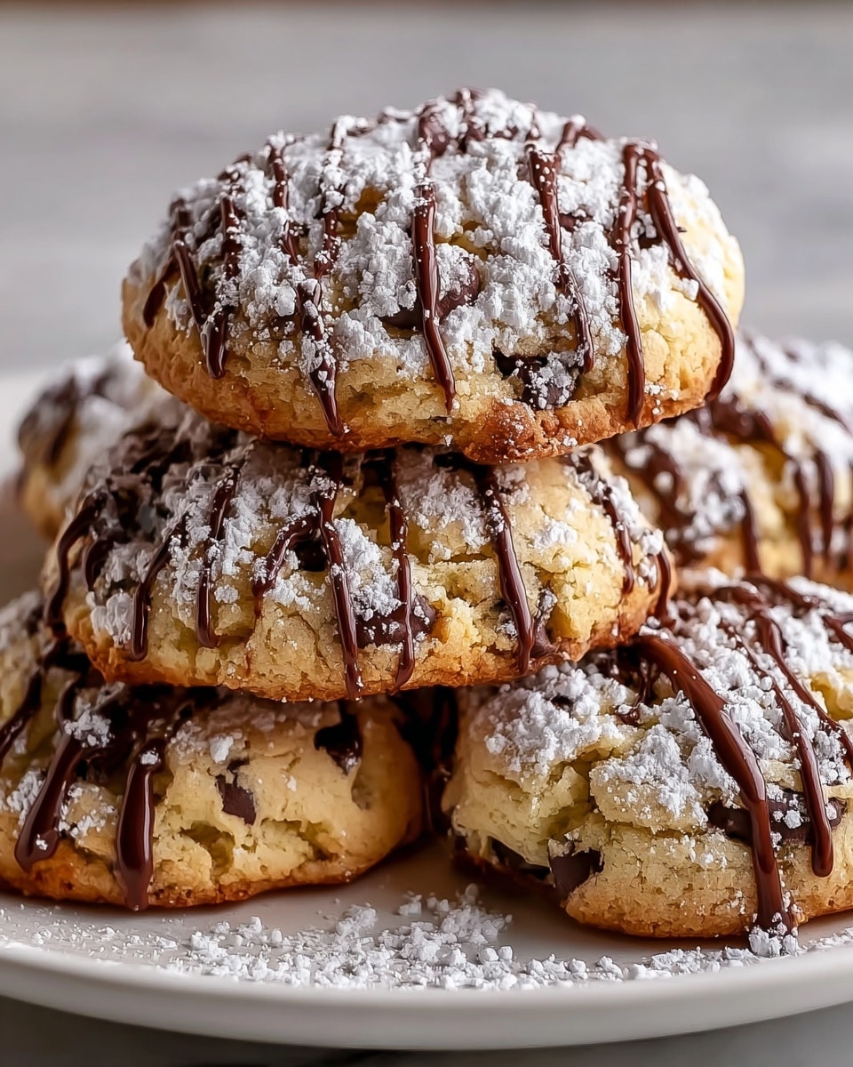 A close-up view of a stack of soft, round cookies on a white plate, each cookie showing a crumbly pale yellow base with embedded dark chocolate chips, lightly dusted with powdered sugar on top, and decorated with thick, smooth dark chocolate drizzle in diagonal lines across the surface, the cookies appear thick and homemade with a slightly cracked texture, the white marbled surface underneath the plate adding a subtle background pattern while warm, soft lighting highlights the texture and color contrast. photo taken with an iphone --ar 4:5 --v 7