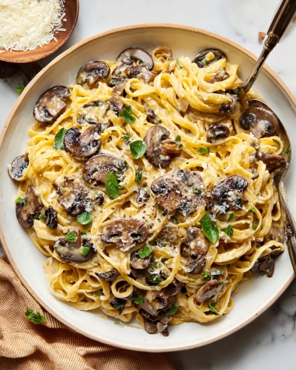 The image shows a white round plate filled with creamy pasta layered with sliced brown mushrooms and fresh green herbs on top. The pasta is light yellow with a smooth creamy texture, evenly mixed with dark brown mushrooms scattered throughout. A spoon is placed on the pasta, slightly lifting some noodles. The plate sits on a white marbled surface, with a small bowl of grated cheese and a beige napkin nearby. photo taken with an iphone --ar 4:5 --v 7