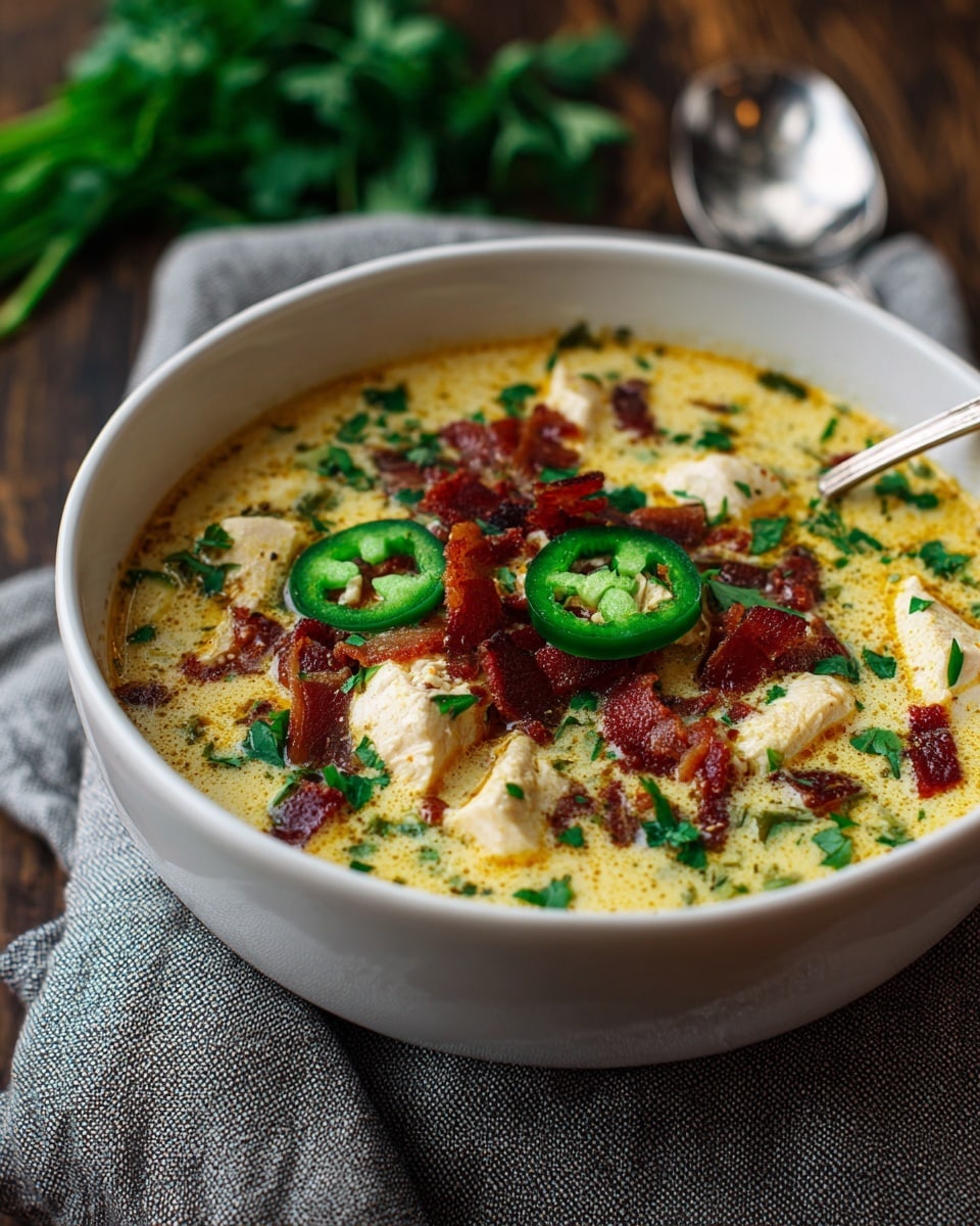 A creamy beige soup with visible chunks of ingredients, served in a white shallow bowl with scalloped edges, topped with bright green sliced jalapeños, chopped green onions, and small pieces of crispy reddish-brown bacon in the center. A spoon with a wooden handle rests inside the bowl. Around the bowl, there are small white dishes holding extra crispy bacon bits and slices of green jalapeños on a white marbled surface, with whole garlic bulbs nearby. Photo taken with an iphone --ar 4:5 --v 7