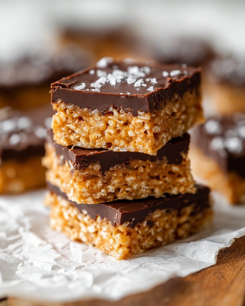 The image shows several square rice crispy treats topped with a thick, smooth layer of dark chocolate. Each treat has two distinct layers: the bottom layer is golden and textured with puffed rice cereal, looking crunchy and sticky, while the top layer is a shiny, even sheet of rich dark chocolate with some small flakes of sea salt sprinkled on top. The treats are arranged on crinkled white parchment paper over a rustic brown surface, with the focus on two treats in the front and others blurred in the background. photo taken with an iphone --ar 4:5 --v 7