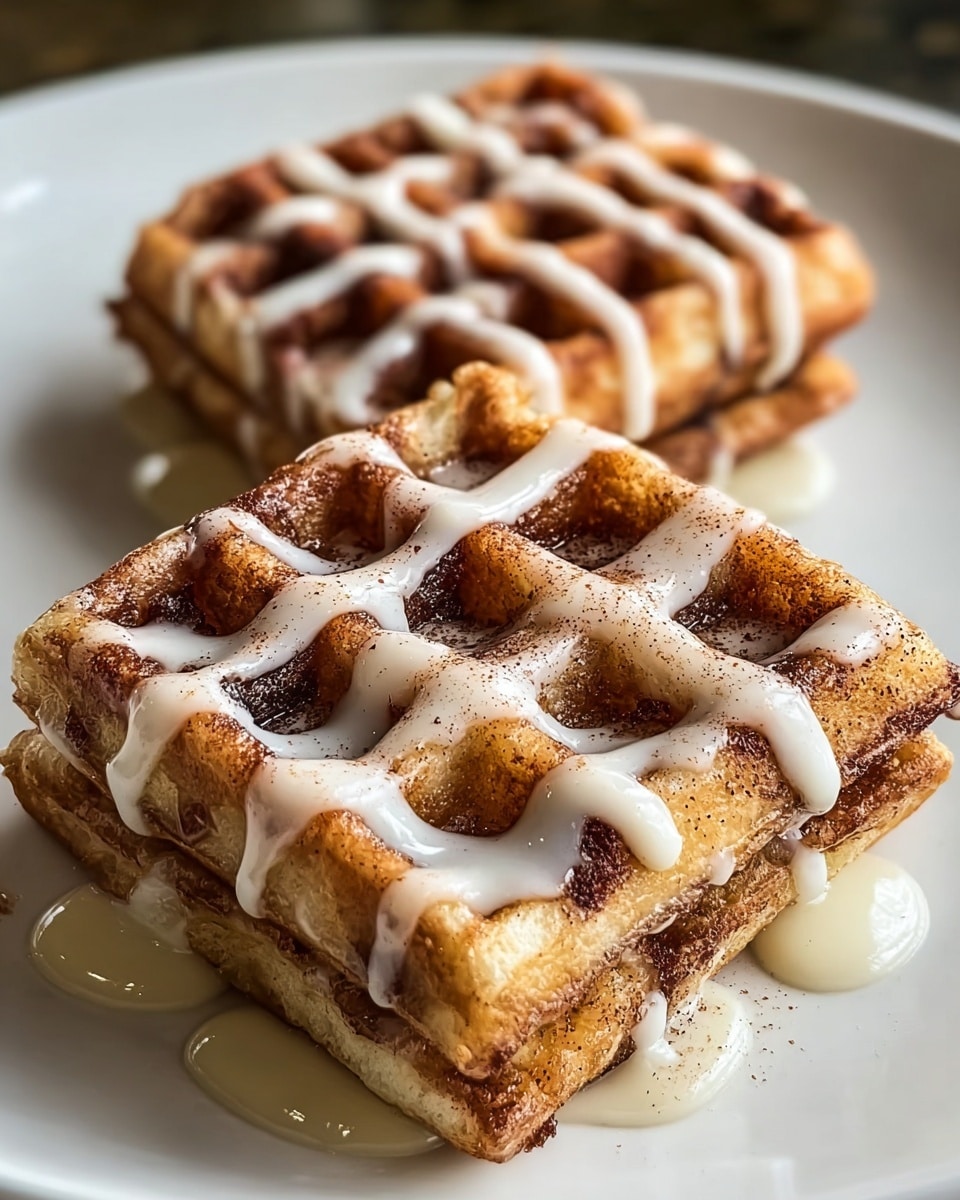 Six thick square pieces of cinnamon roll are placed closely together on a white plate. Each piece shows multiple layers of soft dough with a dark brown cinnamon filling swirled inside. The tops are covered with shiny white icing drizzled in thick lines, which slightly drips down the sides, mixing with the cinnamon powder visible on the surface. The texture looks soft and moist with the cinnamon filling creating a marbled effect inside and around the edges. photo taken with an iphone --ar 4:5 --v 7