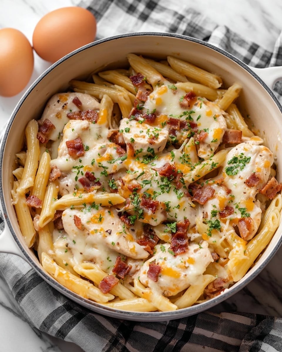 A white pot filled with a dish of penne pasta mixed with pieces of cooked chicken topped with melted white and orange cheese, small bits of crispy bacon, and chopped green herbs scattered on top. The pasta is light yellow and the chicken pieces are creamy white with a slightly browned edge. The pot sits on a white marbled surface with a gray and white checkered cloth partly visible under it, and two brown eggs are slightly blurred in the background. Photo taken with an iphone --ar 4:5 --v 7