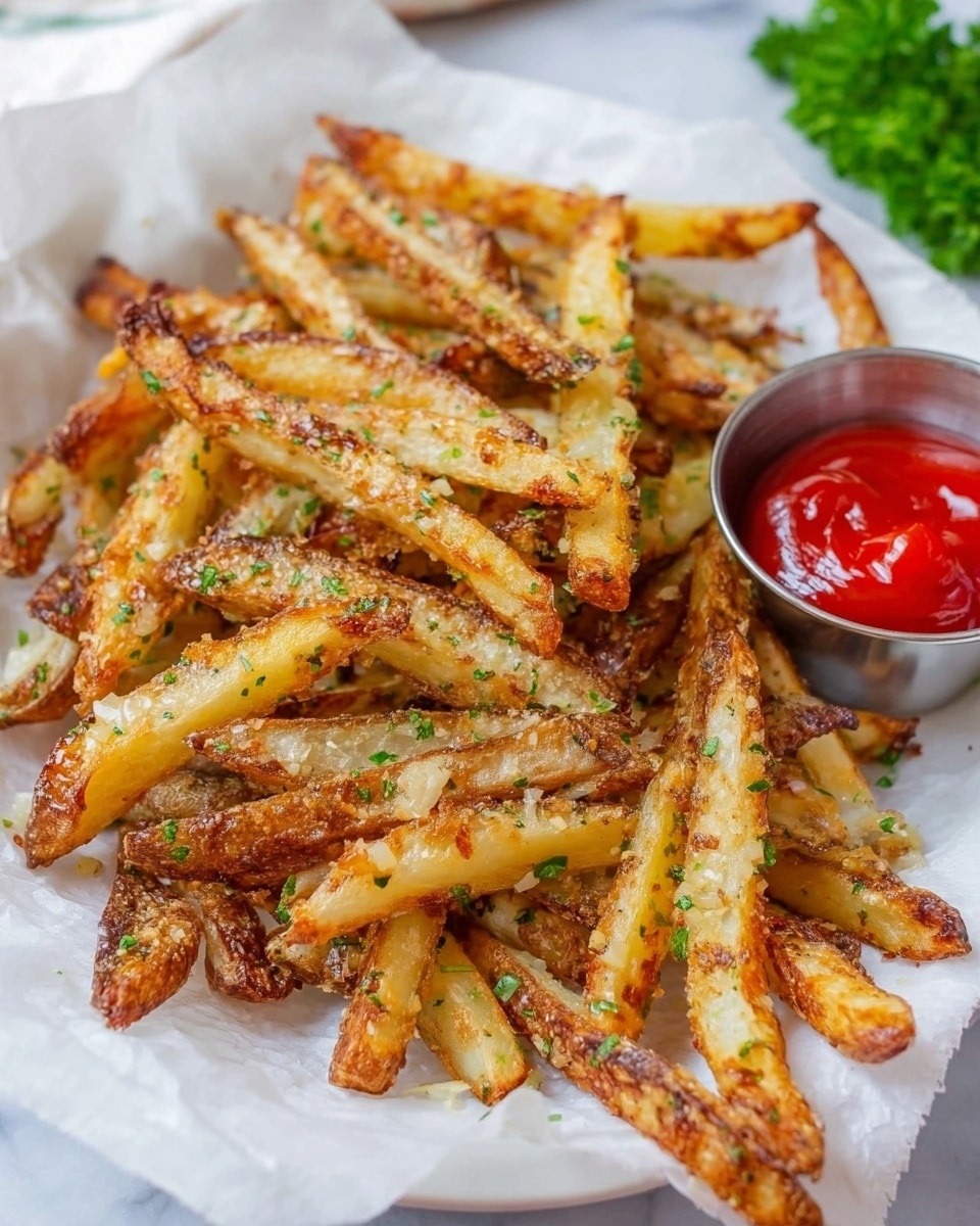 The image shows a pile of golden brown French fries on white parchment paper in a white bowl, topped with small bits of green herbs and white garlic pieces, giving them a textured look. The fries have a mix of light and darker brown crispy spots, with some skin still visible, adding a rough texture. To the right of the fries, there is a small metal cup filled with bright red ketchup. The background features a white marbled surface with a bit of green parsley in the top right corner. photo taken with an iphone --ar 4:5 --v 7