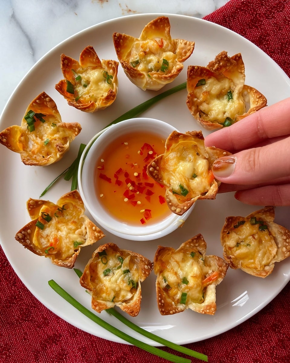 This image shows several small bites baked in a grey metal muffin tray with nine round cups, each holding one portion. The base layer is a crispy, golden-brown wonton cup that is slightly folded and holds the creamy filling. The filling layer is white and cheesy with a smooth texture, mixed with small pieces of light orange and green vegetables evenly spread inside. These cups are garnished on top with small, bright green slices of scallions. The tray rests on a wooden surface with a red cloth partially visible under it. The overall scene is brightly lit with natural light highlighting the golden and creamy colors. photo taken with an iphone --ar 4:5 --v 7