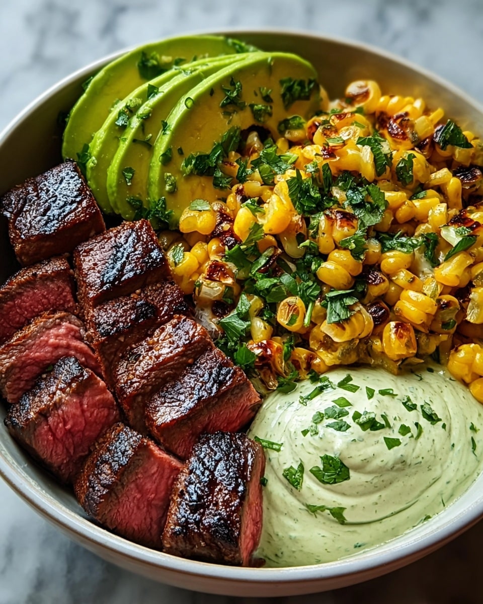 A white bowl filled with three main layers: on the left, several slices of medium-rare steak with a dark, charred outside and a pink, juicy inside, sprinkled lightly with green herbs; in the center and towards the top, a bright yellow grilled corn with some char marks and chopped green herbs mixed in; on the right, a creamy sauce mixed with finely chopped green herbs, thick and smooth in texture, resting slightly on the corn and steak. The bowl is placed on a white marbled texture. photo taken with an iphone --ar 4:5 --v 7