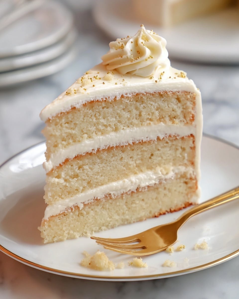 A slice of three-layer white cake sits on a white plate with a thin gold rim. Each sponge layer is light golden and fluffy, separated by smooth white cream filling. The top is covered in the same cream frosting, with a small swirl of cream placed on the very top center. Tiny golden sprinkles are scattered lightly on the frosting. Crumbs and bits of cream are near a gold fork resting on the plate. The background shows a white marbled surface that adds a soft contrast to the cake. Photo taken with an iphone --ar 4:5 --v 7