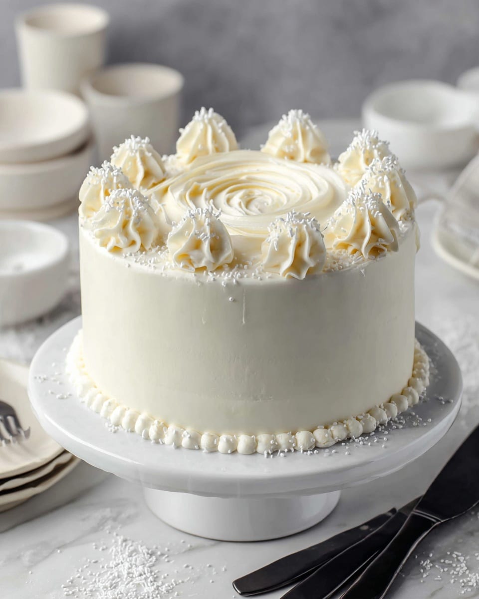 A white frosted round cake with smooth, creamy icing covering the sides and top. The top center has a large rosette swirl of frosting, surrounded by 11 smaller dollops of frosting evenly spaced around the edge, each decorated with small white sprinkles. The base of the cake has a border of small piped dots. The cake sits on a white pedestal cake stand placed on a white marbled surface with some powdered sugar scattered around. In the background, there are blurred white bowls and plates, and two black knives lie in the foreground. photo taken with an iphone --ar 4:5 --v 7