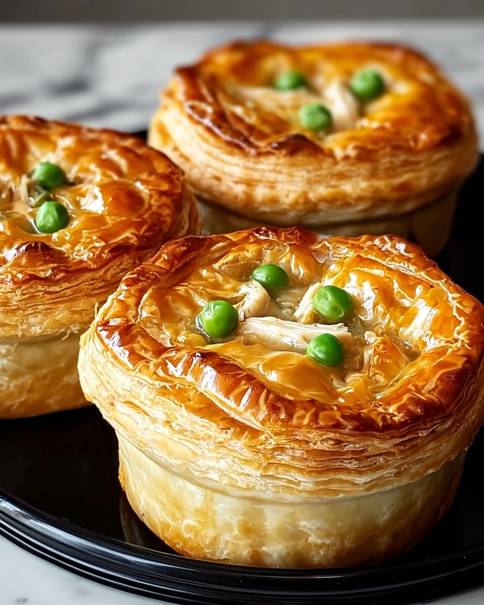 Three chicken pot pies sit closely on a black round tray, each with a golden-brown puff pastry top that has multiple flaky layers visible at the edges. The tops are glossy and slightly uneven with crispy, browned ridges, and each pie is decorated with a few bright green peas and small pieces of white chicken on the center surface. The base of each pie is lighter in color, smooth and soft, forming a sturdy round shell. The whole scene is set against a white marbled texture, highlighting the warm tones of the pies. photo taken with an iphone --ar 4:5 --v 7