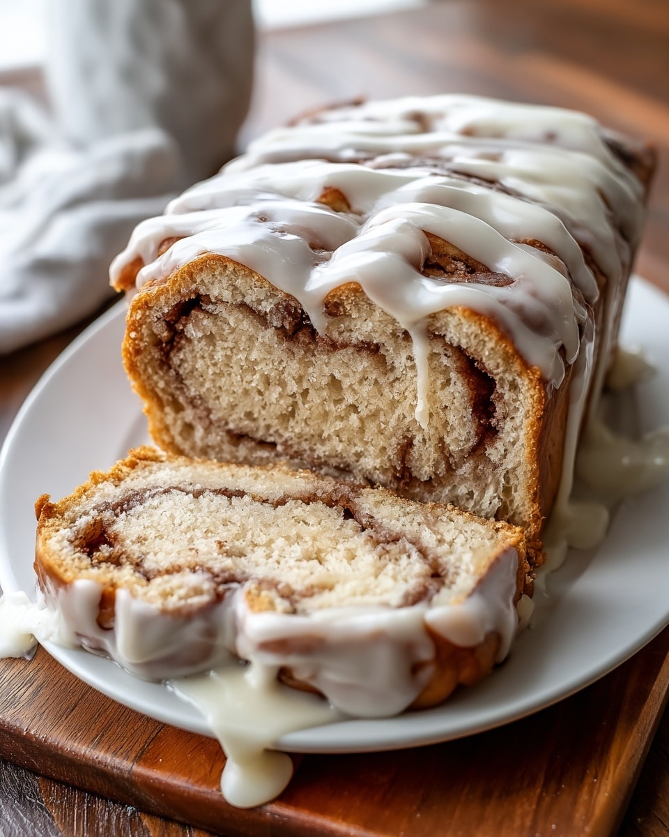 A sliced loaf cake with a golden brown outer crust and light beige inside sits on a white plate. The cake shows swirled layers of cinnamon brown through the light inner layer, creating a marbled effect. Thick white icing is generously drizzled over the top and drips down the sides, pooling slightly on the plate. The setting includes a white marbled surface beneath the plate and a blurred white cup and some bread in the background. photo taken with an iphone --ar 4:5 --v 7