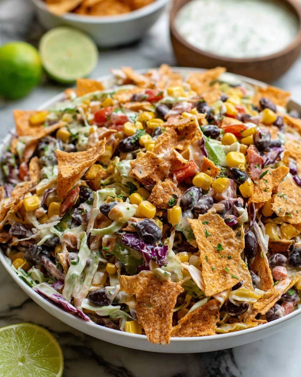 A close-up of a colorful salad in a white bowl on a white marbled surface, showing a mix of layers including orange crunchy tortilla chips scattered throughout, black beans, yellow corn kernels, finely chopped red and green peppers, shredded cabbage in white and purple, and a creamy dressing coating the ingredients, giving a fresh, mixed texture with specks of green herbs visible. Nearby, a halved lime and a small bowl of white creamy dip sit on the marble surface, adding to the fresh and vibrant setting. photo taken with an iphone --ar 4:5 --v 7