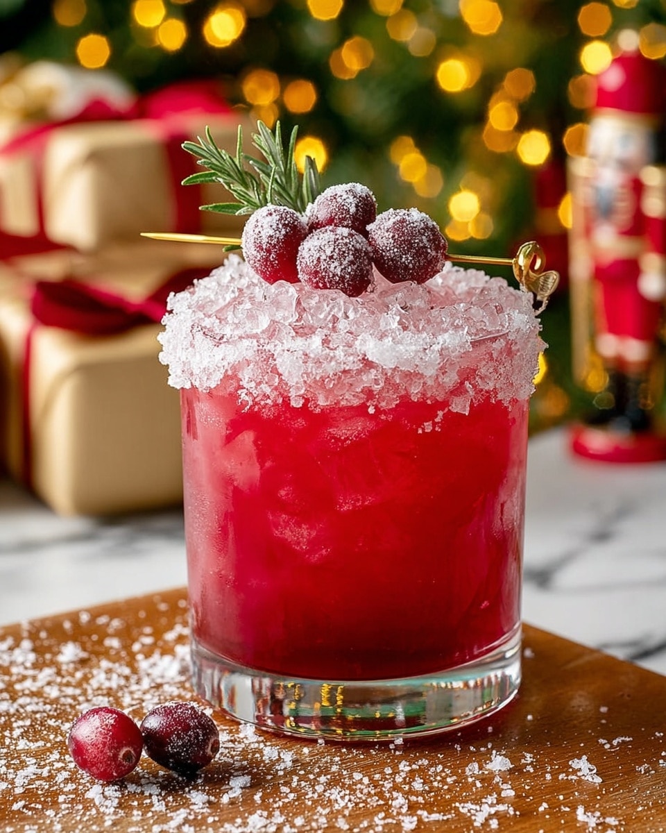 A clear glass filled with a bright red drink and crushed ice stacked up to the rim, with a thick layer of large white sugar crystals coating the glass rim. On top, three sugared cranberries and a small green sprig of rosemary are placed on a golden skewer, adding texture and color contrast. The glass sits on a wooden surface lightly dusted with powdered sugar, with one sugared cranberry resting beside the base of the glass. The softly blurred background shows warm yellow lights, gifts wrapped in beige paper with red ribbons, and a red nutcracker figure, all set against a white marbled texture. photo taken with an iphone --ar 4:5 --v 7