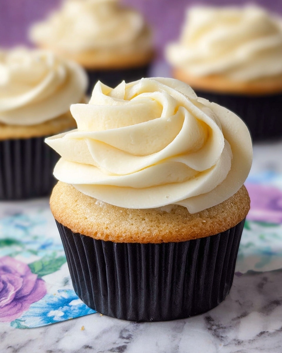 The image shows a close-up of a vanilla cupcake with two main layers: a light golden-brown cake base with a soft, slightly spongy texture and a thick, creamy white frosting on top, swirled in a rose pattern with smooth, soft peaks. The cupcake sits in a black liner, which contrasts sharply with the white frosting and golden cake. In the background, there are other cupcakes with the same colors and textures, slightly out of focus, placed on a white marbled surface with a soft purple and blue floral pattern around the edges. photo taken with an iphone --ar 4:5 --v 7