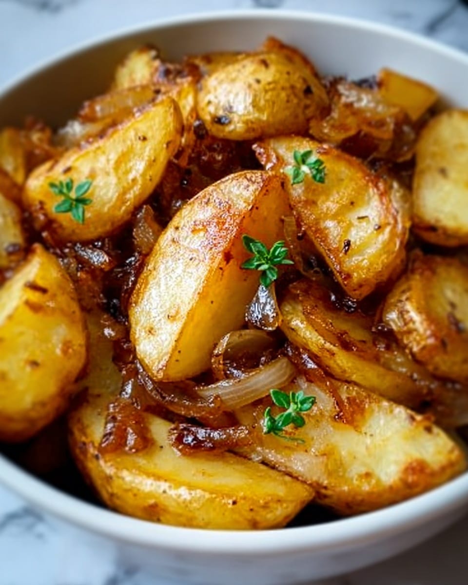 The image shows a bowl filled with golden roasted potato wedges mixed with caramelized onions. The potato pieces are cut into thick wedges with a slightly crispy, browned outside and tender inside. The caramelized onions are soft and dark golden, spread evenly among the potatoes. There are small green herb sprigs on top for color contrast. The bowl is white and sits on a white marbled surface. The overall look is warm and rustic with a mix of smooth onion layers and rough potato textures. Photo taken with an iphone --ar 4:5 --v 7