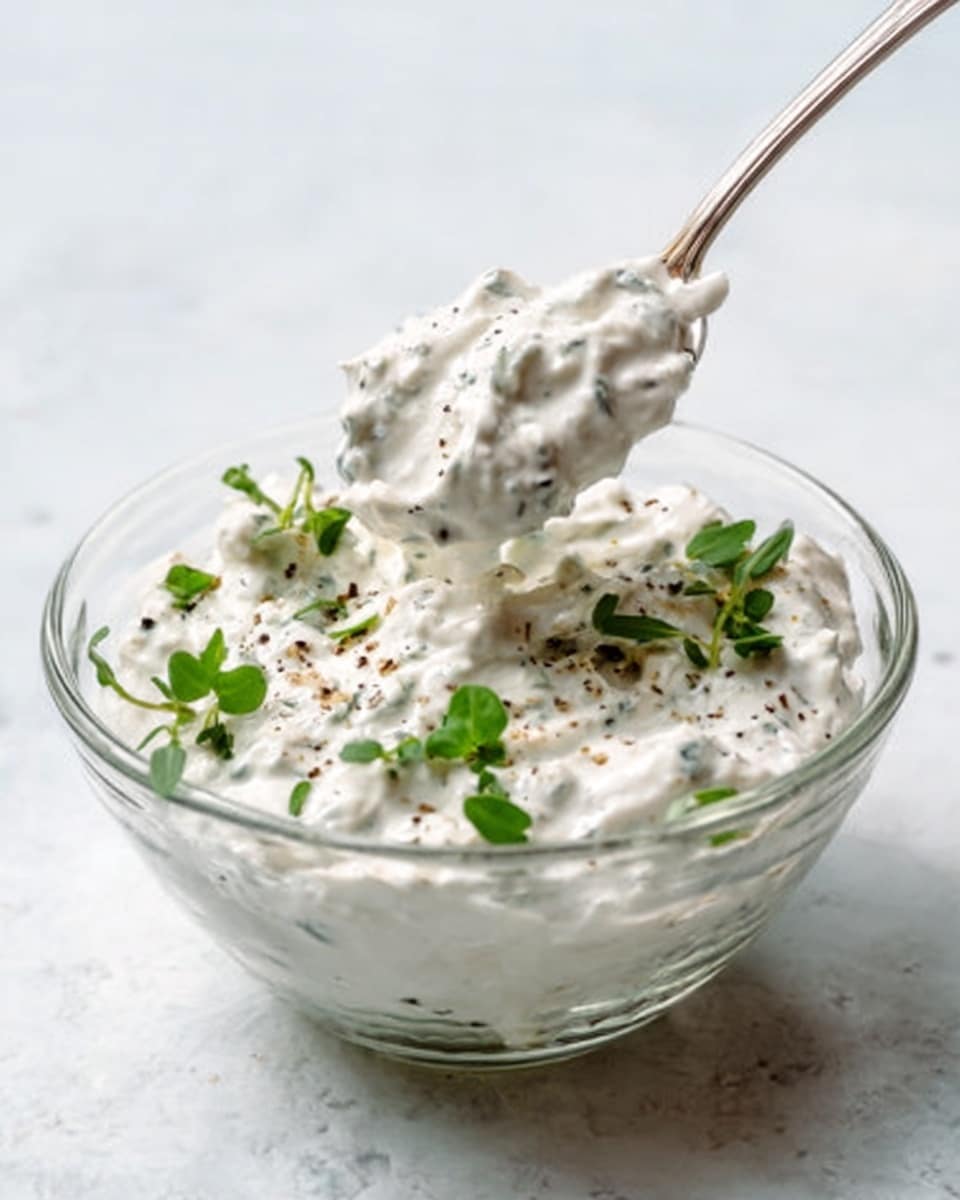 A clear glass bowl filled with a thick, creamy white dip that has small bits of green herbs and black pepper mixed throughout. On top of the dip, there are scattered small green herb leaves, adding a fresh touch. A silver spoon is lifting some of the dip, showing its smooth and slightly chunky texture. The bowl is placed on a white marbled surface, creating a clean and simple background. photo taken with an iphone --ar 4:5 --v 7