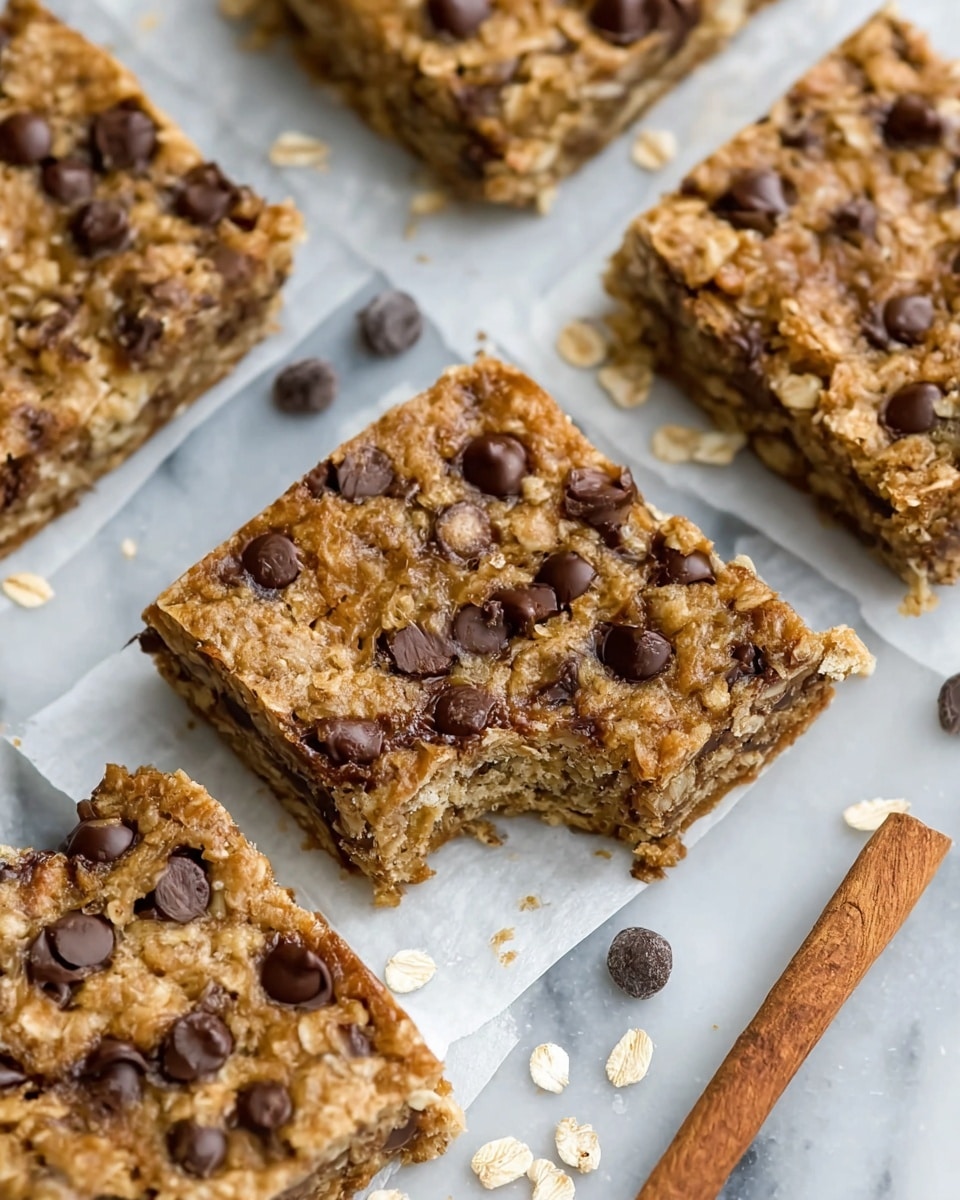 A stack of four thick, square oatmeal chocolate chip bars separated by thin pieces of translucent parchment paper, each bar showing a dense golden-brown oat texture mixed with large, dark brown chocolate chips scattered throughout. The bars are placed on a white marbled surface, with some chocolate chips and oats scattered around. In the background, there is a cinnamon stick laying on the surface and a white bowl filled with oats blurred out. The top bar shows a crumbly, slightly rough texture with visible chocolate chips embedded on the surface. Photo taken with an iphone --ar 4:5 --v 7