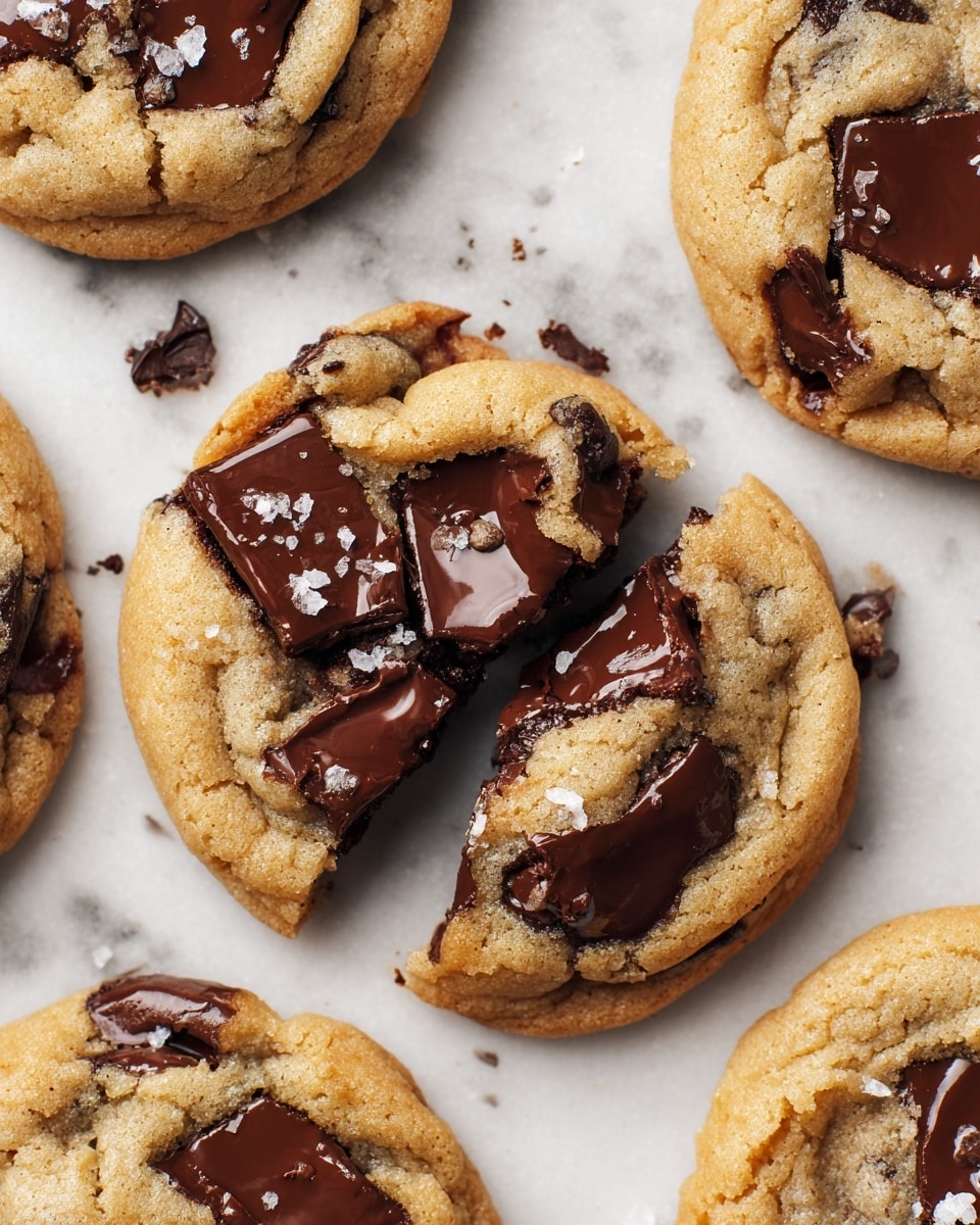 The image shows a close-up of several golden-brown chocolate chip cookies with large, shiny dark chocolate chunks resting on top. Each cookie displays two square pieces of chocolate partly melted into the warm dough, with flaky white salt crystals sprinkled over them for texture and contrast. The cookies have a soft, slightly cracked surface with visible small chocolate chips inside, arranged closely together on a white marbled surface. photo taken with an iphone --ar 4:5 --v 7