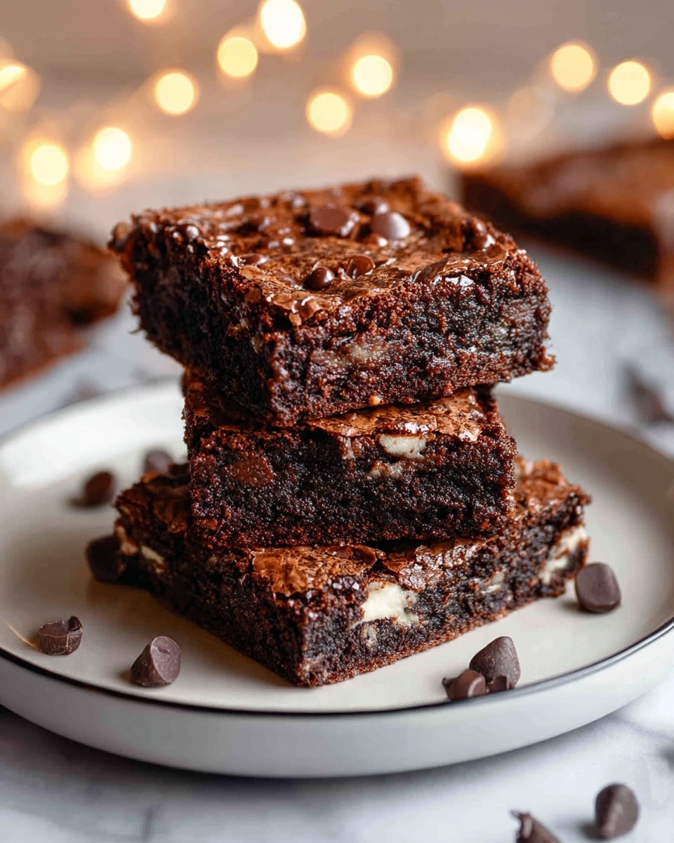 A white plate with a thin black rim holds three square brownies stacked on top of each other. The brownies have a cracked, glossy dark brown top sprinkled with melted chocolate chips. Inside, the brownies are rich and fudgy with visible chunks of white chocolate. Several loose dark chocolate chips are scattered around the plate. The background features a white marbled texture with soft warm lights glowing softly in the distance. Photo taken with an iphone --ar 4:5 --v 7
