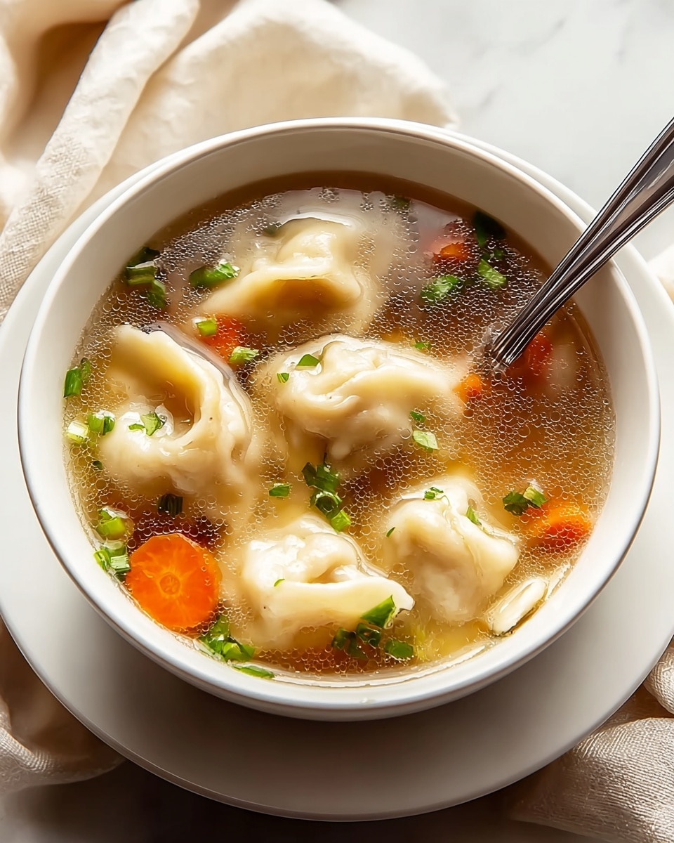 A white bowl filled with clear broth soup, showing five light beige dumplings floating near the top, with soft, smooth textures. Inside the broth are visible bright orange carrot slices and small chopped green onions scattered on top of the dumplings and in the soup. A silver spoon is placed inside the bowl on the right side, partially submerged in the liquid. The bowl sits on a white plate with a soft cream fabric nearby, all on a white marbled surface. The overall look is warm and comforting with a soft natural light. photo taken with an iphone --ar 4:5 --v 7