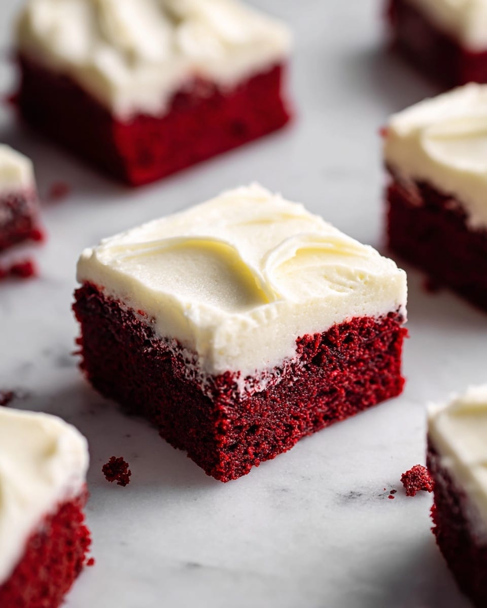 The image shows close-up pieces of a dessert with two layers: a thick, moist, dark red bottom layer that looks soft and dense, topped with a smooth, creamy white frosting layer with gentle swirls. The pieces are placed on a white marbled surface, and there are some red crumbs scattered around. In the background, a blurred light pink drink is visible. The focus is on the front piece showing clear detail of both layers and the texture of the frosting. photo taken with an iphone --ar 4:5 --v 7