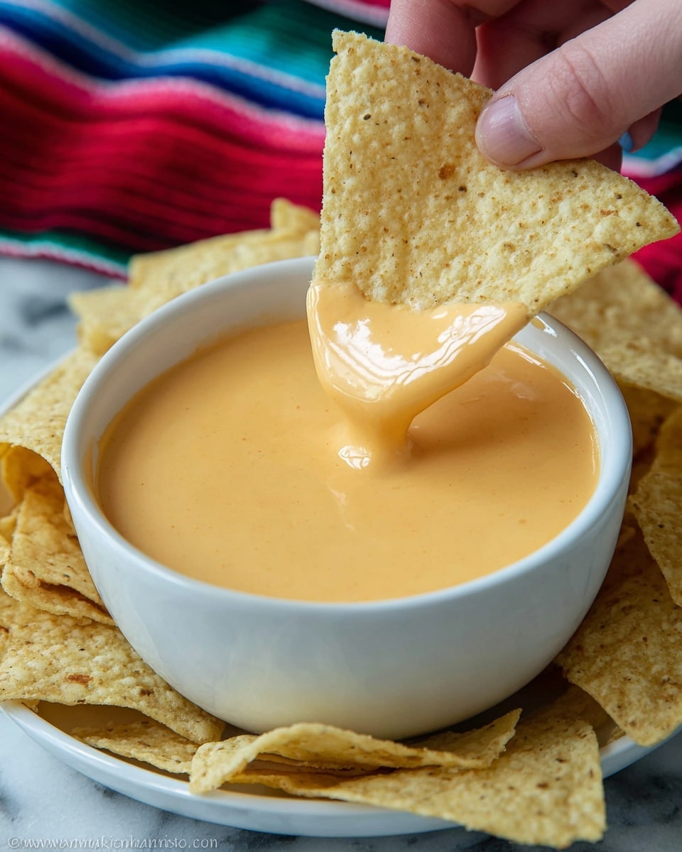 A white bowl filled with smooth, creamy light orange cheese sauce sits at the center of a white plate. Around the bowl, there are large, light yellow triangular tortilla chips with a slightly rough texture. The plate rests on a white marbled surface with a colorful striped cloth and a green napkin visible in the background. photo taken with an iphone --ar 4:5 --v 7