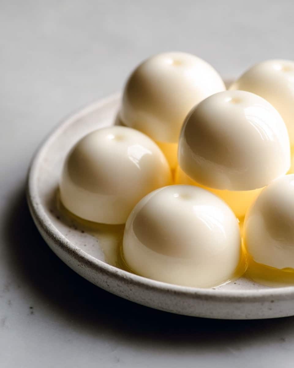 A close-up view of six smooth, creamy white dome-shaped desserts stacked gently on a white plate with a slightly rough texture and raised edges, all placed on a white marbled surface. Each dessert has a small, rounded indentation on top, giving them a soft and delicate look with subtle shadows highlighting their smoothness. The lighting softly touches the domes, bringing out their gentle curves and a slight hint of yellow reflection underneath. photo taken with an iphone --ar 4:5 --v 7