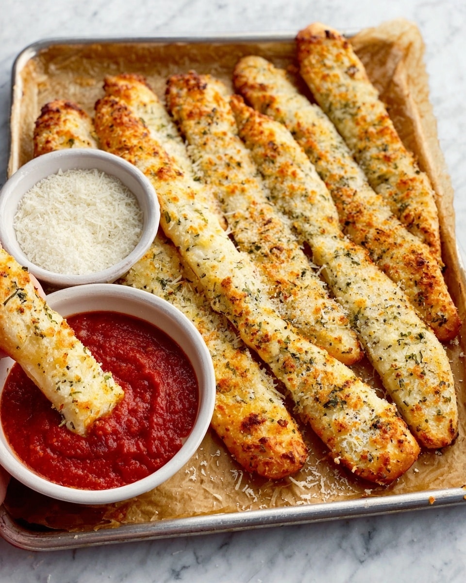 Eight rectangular breadsticks are neatly arranged on a white rectangular plate with a white marbled texture underneath. Each breadstick has a golden-brown melted cheese layer on top, dotted with browned spots, showing a bubbly texture. The cheese layer is sprinkled with small bits of green herbs. In the background, there are two small white round bowls filled with red dipping sauces, slightly blurred to keep focus on the breadsticks. The overall look is warm and appetizing. photo taken with an iphone --ar 4:5 --v 7