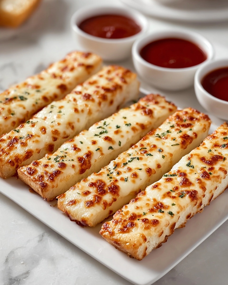 The image shows several golden-brown breadsticks with a crispy texture, arranged in two neat rows on a metal tray lined with parchment paper. The breadsticks have a sprinkling of herbs and melted cheese on top, giving them a slightly rough and crunchy look. Next to the breadsticks, there are two small white bowls, one filled with coarse salt that looks bright white and flaky, and the other with thick, red marinara sauce. A woman's hand is dipping a breadstick into the sauce, with the breadstick tilted slightly and showing a soft inside. The background is a white marbled texture. Photo taken with an iphone --ar 4:5 --v 7