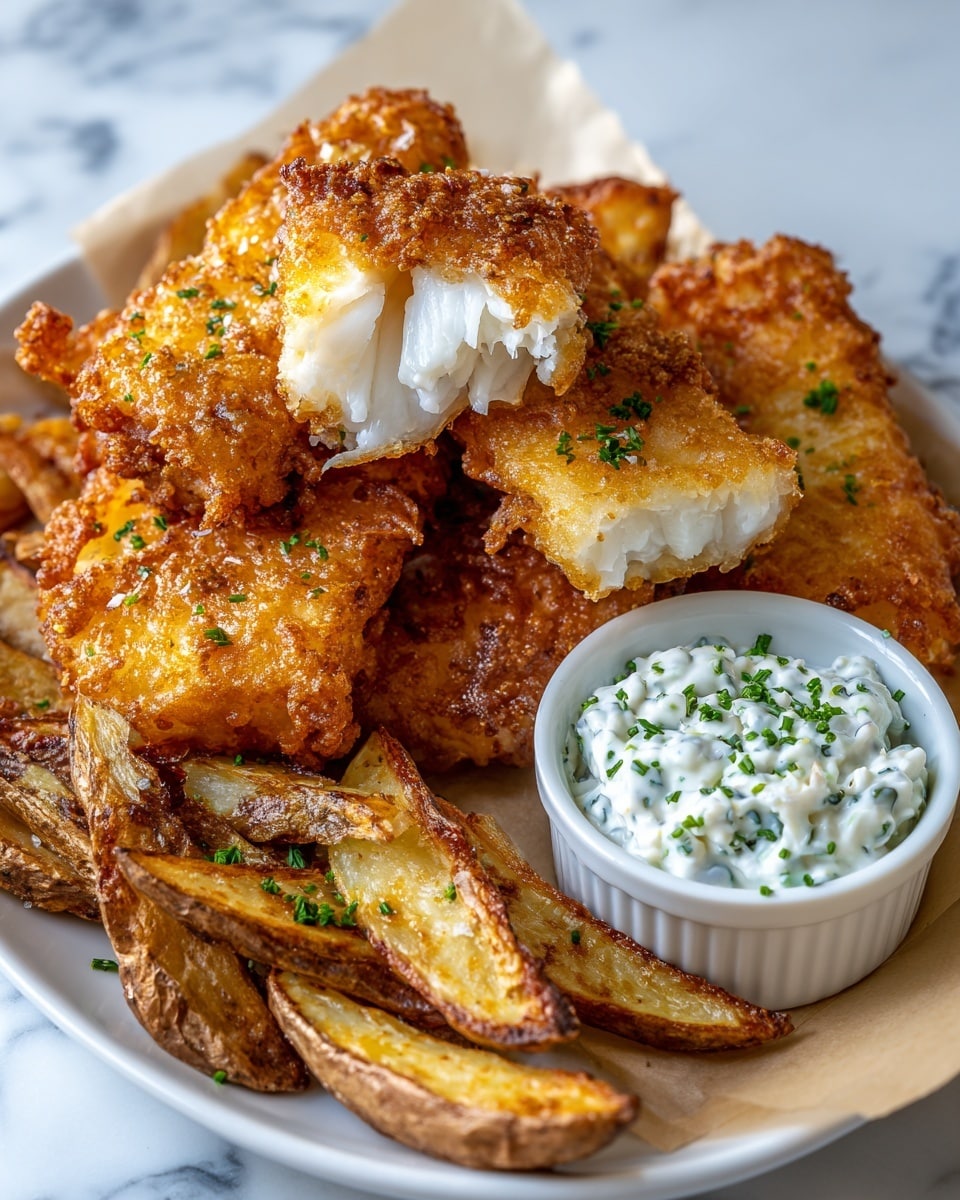 The image shows a white plate lined with light brown parchment paper, holding several golden brown pieces of crispy fried fish with a rough, bubbly texture, stacked in the center. One piece is broken open, revealing tender, flaky white fish inside. Around the fish are thick, golden fried potato wedges with a slightly rough surface. A small white ramekin with creamy white tartar sauce topped with bits of green herbs is placed near the potato wedges. The plate is set on a white marbled surface. Photo taken with an iphone --ar 4:5 --v 7