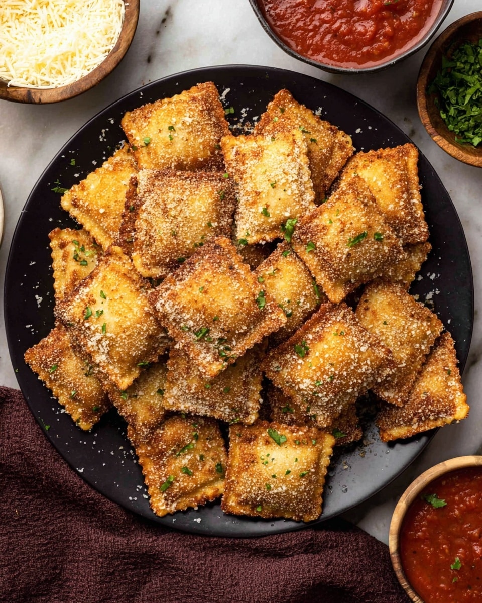 A black plate filled with many golden brown fried ravioli pieces stacked unevenly, each with a crispy, crunchy texture and small green herb bits sprinkled on top. The ravioli are square-shaped with slightly browned edges, showing a rich, crunchy coating. Around the plate, there is a bowl of grated cheese on the left, a bowl of red marinara sauce on the bottom right, and a small bowl of fresh green herbs at the top right, all placed on a white marbled textured surface with a dark brown cloth partially visible below the plate. Photo taken with an iphone --ar 4:5 --v 7