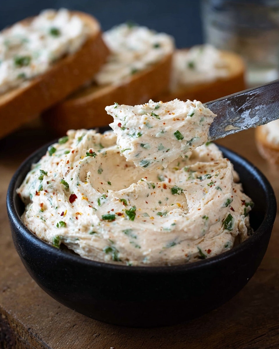 A close-up of a black bowl filled with a creamy, light orange spread mixed with visible green herbs and small red spices throughout. The spread is textured with soft peaks and swirls, showing a whipped consistency. A knife with a rustic, slightly stained blade lifts a dollop of the spread out of the bowl. In the background, slices of bread with the same spread applied in a rustic way are visible, slightly out of focus. The surface beneath is a warm brown wood with some spilled crumbs and salt grains scattered around. Photo taken with an iphone --ar 4:5 --v 7
