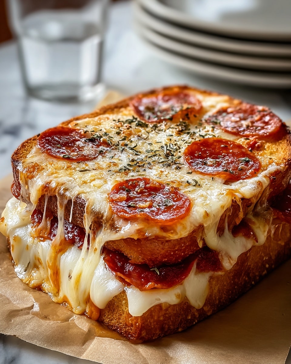 The image shows a close-up of a thick, toasted sandwich made of two layers of golden-brown bread with a crusty texture. The bottom layer holds melted white cheese that is oozing out and stretching down, mixed with slices of reddish pepperoni slightly peeking out. The top layer is covered with melted cheese that has browned spots and specks of herbs, along with a layer of reddish tomato sauce just visible under the cheese near the edges. The sandwich sits on a piece of parchment paper, placed on a white marbled surface. In the background, there are blurred white plates and a glass of water. photo taken with an iphone --ar 4:5 --v 7