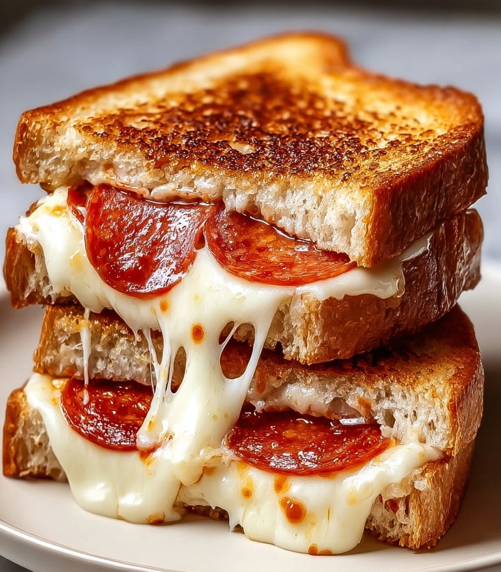A close-up of a grilled sandwich cut into two stacked halves showing three layers: the top and bottom layers are golden-brown toasted bread with a crispy texture, and the middle layer has melted white cheese stretching and oozing slightly, along with round slices of reddish pepperoni evenly visible inside. The sandwich sits on a white plate with a white marbled surface in the background. photo taken with an iphone --ar 4:5 --v 7