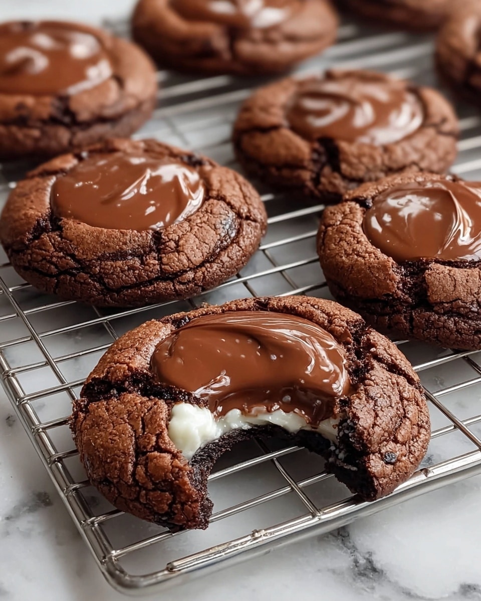 The image shows seven round chocolate cookies placed on a wire rack over a white marbled surface. Each cookie has one thick layer of smooth, glossy milk chocolate spread evenly on top. The cookie in the front center is broken in half, revealing a soft, white, creamy filling inside that contrasts with the dark, rich brown cookie base. The cookies have a slightly cracked texture on their edges, giving them a rustic and homemade look. photo taken with an iphone --ar 4:5 --v 7