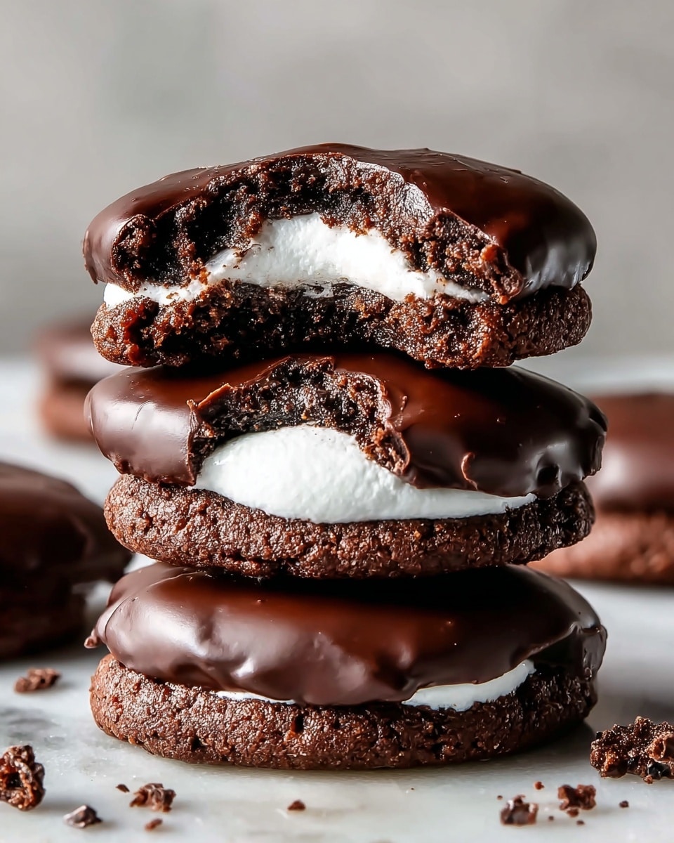 Three chocolate cookies stacked on top of each other on a white marbled surface. Each cookie has three layers: the bottom layer is a thick, dark brown, crumbly cookie base. The middle layer is a thick, soft, white marshmallow filling that is clearly visible where each cookie is bitten into. The top layer is a smooth, shiny, dark chocolate coating that slightly drips over the edges. Small crumbs are scattered around the stack. The background is a plain light gray. photo taken with an iphone --ar 4:5 --v 7