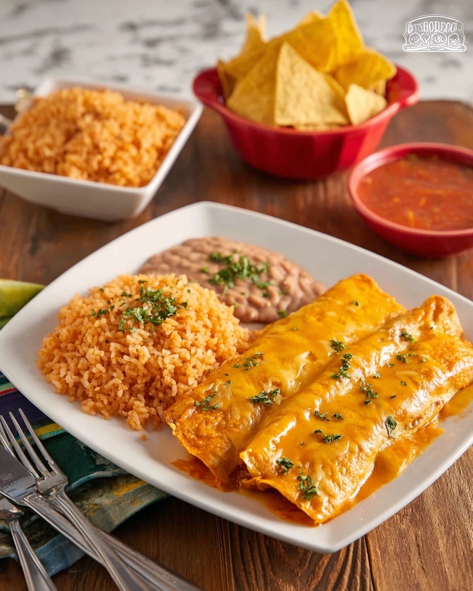 The image shows a white round plate filled with two enchiladas covered by a melted orange cheese layer, sprinkled with green herbs on top. To the left of the enchiladas is a mound of orange-colored Mexican rice with some green herbs mixed in, topped with more finely chopped green herbs. Next to the rice, separated by the plate's curve, is a smooth light brown bean sauce layer. In the background, there is a white square bowl full of more orange rice and a white bowl with thin golden tortilla chips. Beside it is another white bowl filled with red salsa containing visible tomato chunks and herbs. The whole arrangement is on a wooden surface with a bright red striped cloth underneath, and the background has a white marbled texture. Photo taken with an iphone --ar 4:5 --v 7