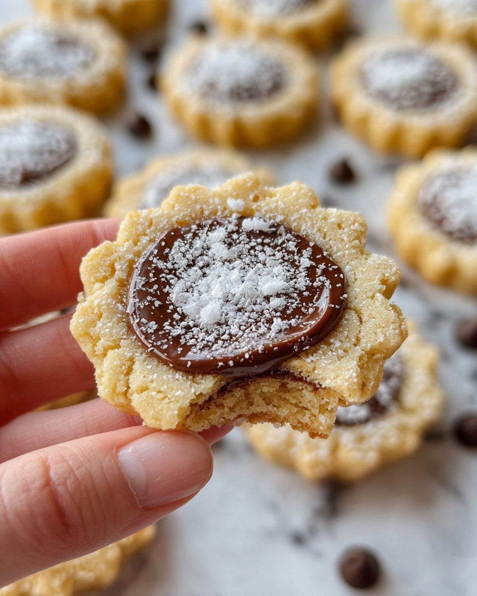 A close-up of a round cookie held by a woman's hand with a golden, crumbly outer edge and a smooth, glossy dark chocolate center that fills the middle. The cookie is sprinkled with fine white powdered sugar, which contrasts with the dark center and light, textured crust. Surrounding the cookie held in the woman's hand are multiple similar cookies lying flat on a surface with scattered small dark chocolate chips around them, all on a white marbled texture background. photo taken with an iphone --ar 4:5 --v 7