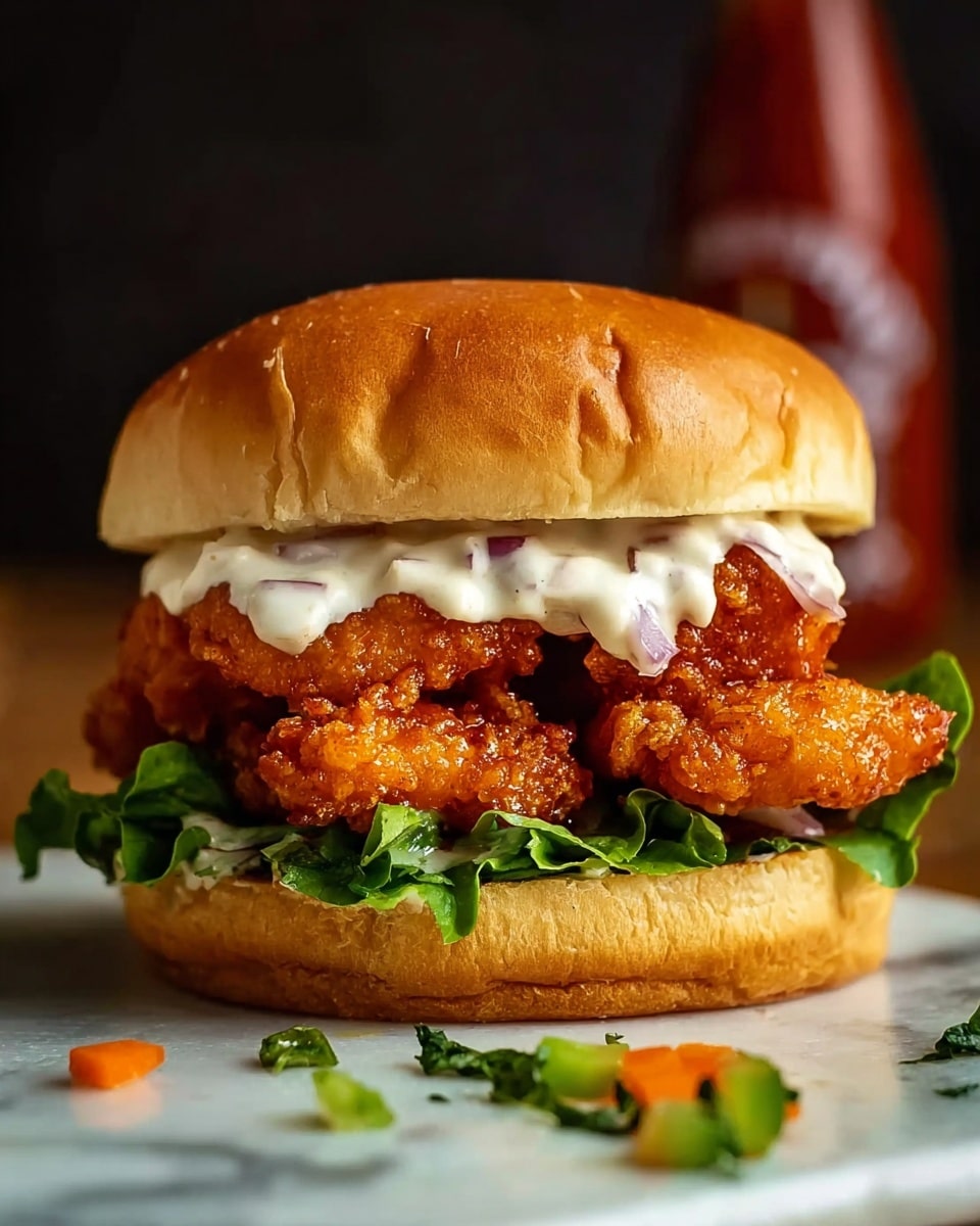 A close-up image of a chicken sandwich showing three main layers inside a soft, shiny golden brown bun. The bottom layer has fresh green leaf lettuce with a slightly ruffled texture. Above the lettuce, there are several pieces of crispy, fried chicken coated in a bright orange sauce, giving a crunchy and saucy look. On top of the chicken, there is a thick layer of creamy white sauce with small bits mixed inside it. The sandwich is placed on a wooden surface with a few small pieces of lettuce and orange peppers scattered around, and the background shows a blurred bottle. Photo taken with an iphone --ar 4:5 --v 7