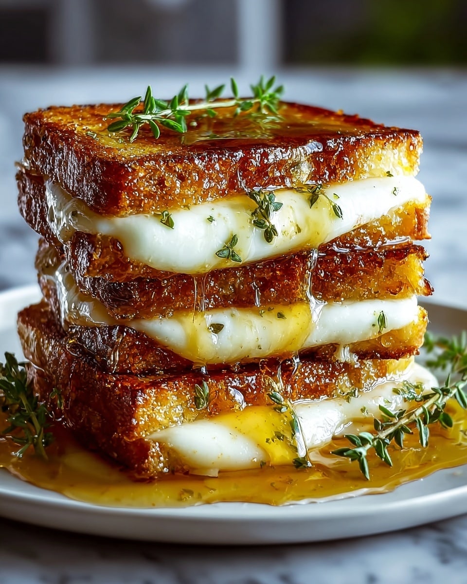 A stack of four grilled cheese sandwiches with golden-brown crispy crusts and melted white cheese oozing between each thick layer, topped with fresh green herb sprigs, all drenched in shiny golden syrup dripping down the sides onto a white plate, set on a white marbled surface. photo taken with an iphone --ar 4:5 --v 7