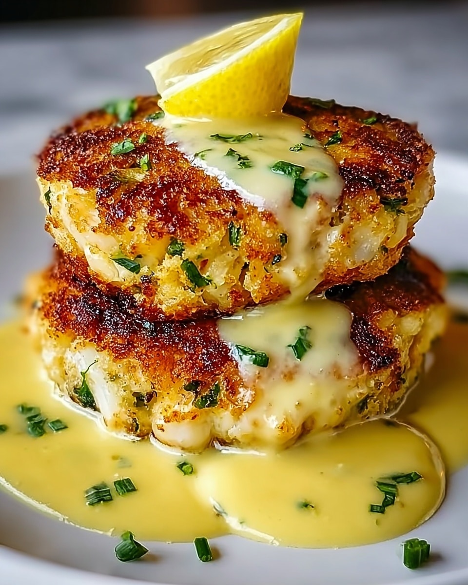 Two thick, golden-brown crab cakes stacked on top of each other sit on a white plate. The crab cakes have a crispy, textured surface with visible bits of green herbs mixed in. A smooth, creamy yellow sauce is drizzled from the top crab cake down to the plate, with chopped green herbs sprinkled on the sauce. A small piece of bright yellow lemon is placed on top of the upper crab cake. The plate rests on a white marbled surface. photo taken with an iphone --ar 4:5 --v 7